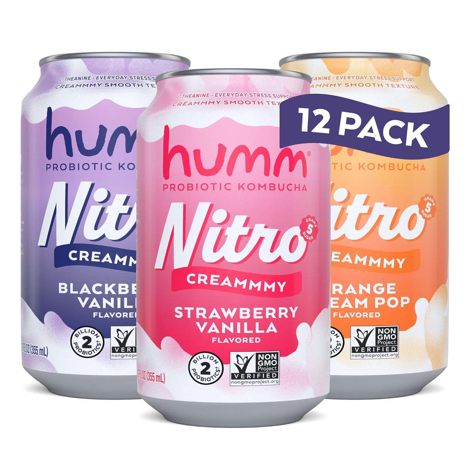 Humm Nitro Kombucha Variety Pack, Creamy Smooth Probiotic Drink with L-Theanine, Includes Blackberry Vanilla, Orange Dream Pop & Strawberry Vanilla, Non-GMO, Vegan, Gluten Free, 12 fl oz (Pack of 12)