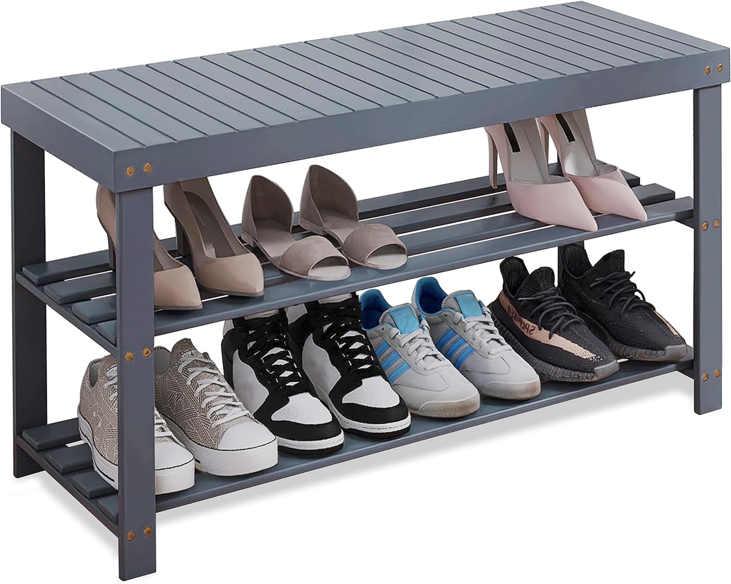 SMIBUY Bamboo Shoe Rack Bench, 3-Tier Shoe Organizer Storage Shelf for Entryway Hallway Bathroom Living Room (Grey)