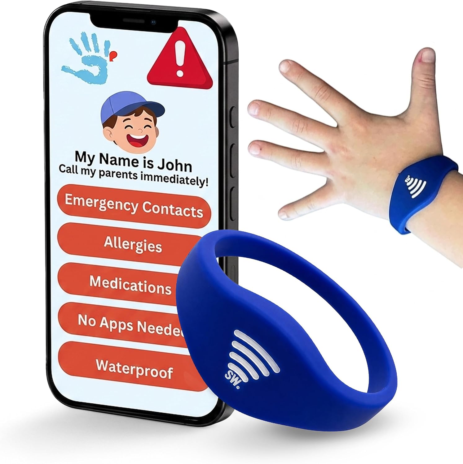 Kids ID Bracelet, Fitted NFC Safety Wristband, Waterproof Slip-On ID Band