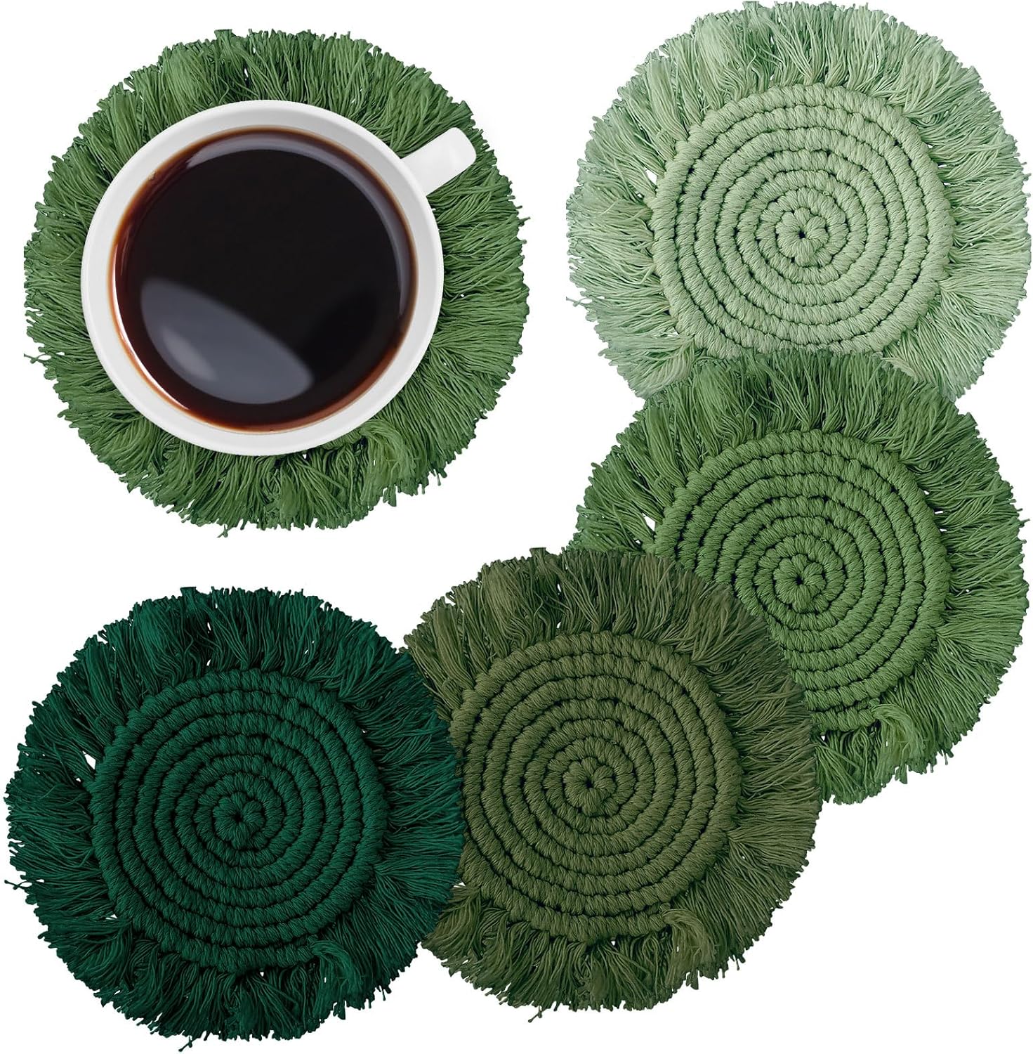 Whaline 4Pcs Boho Macrame Coasters Green Handmade Woven Drink Coasters Farmhouse Rustic Cup Mat Pad for Home Kitchen Office Table Desk Housewarming Gift Party Table Decor