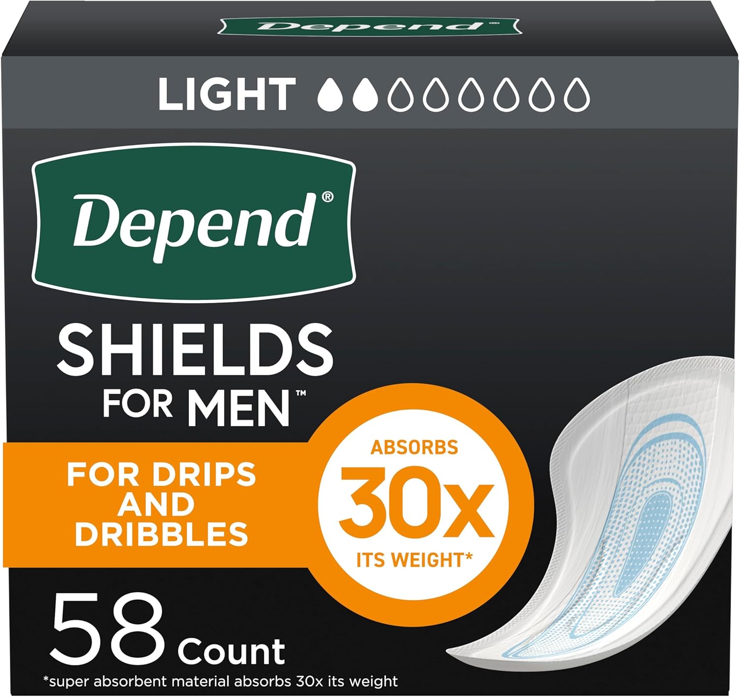 Depend Shields Incontinence Pads for Men, Light Absorbency, 58 Count (Packaging May Vary)