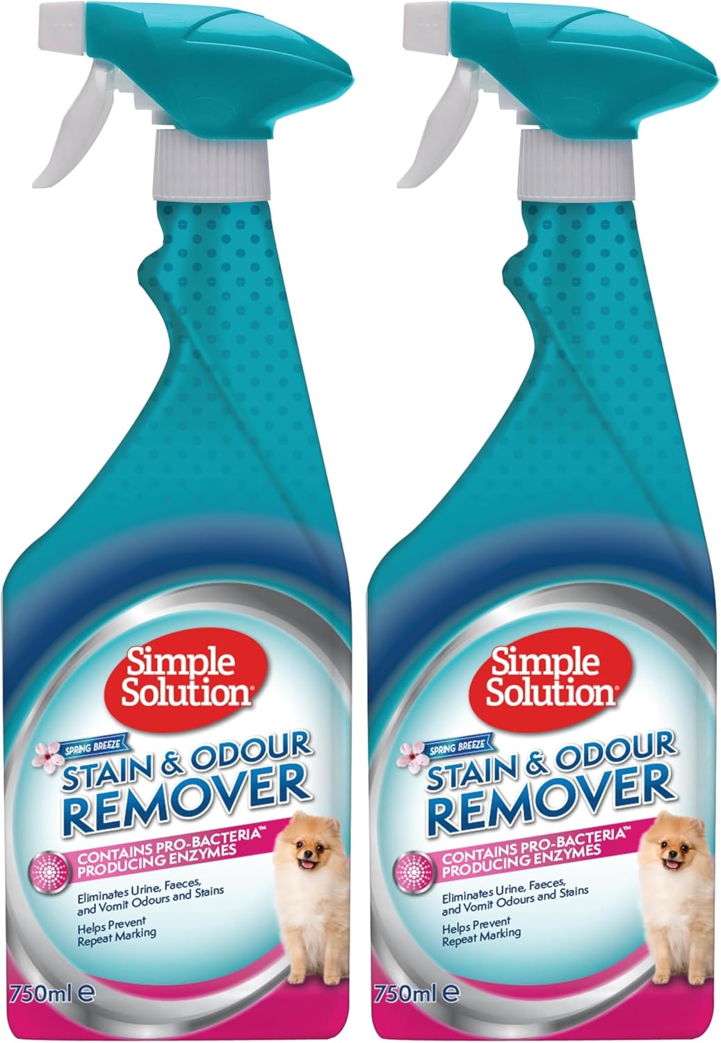Simple Solution Pet Stain and Odour Remover, Enzymatic Cleaner with Pro-Bacteria Cleaning Power- Spring Breeze 750ml (Pack of 2)