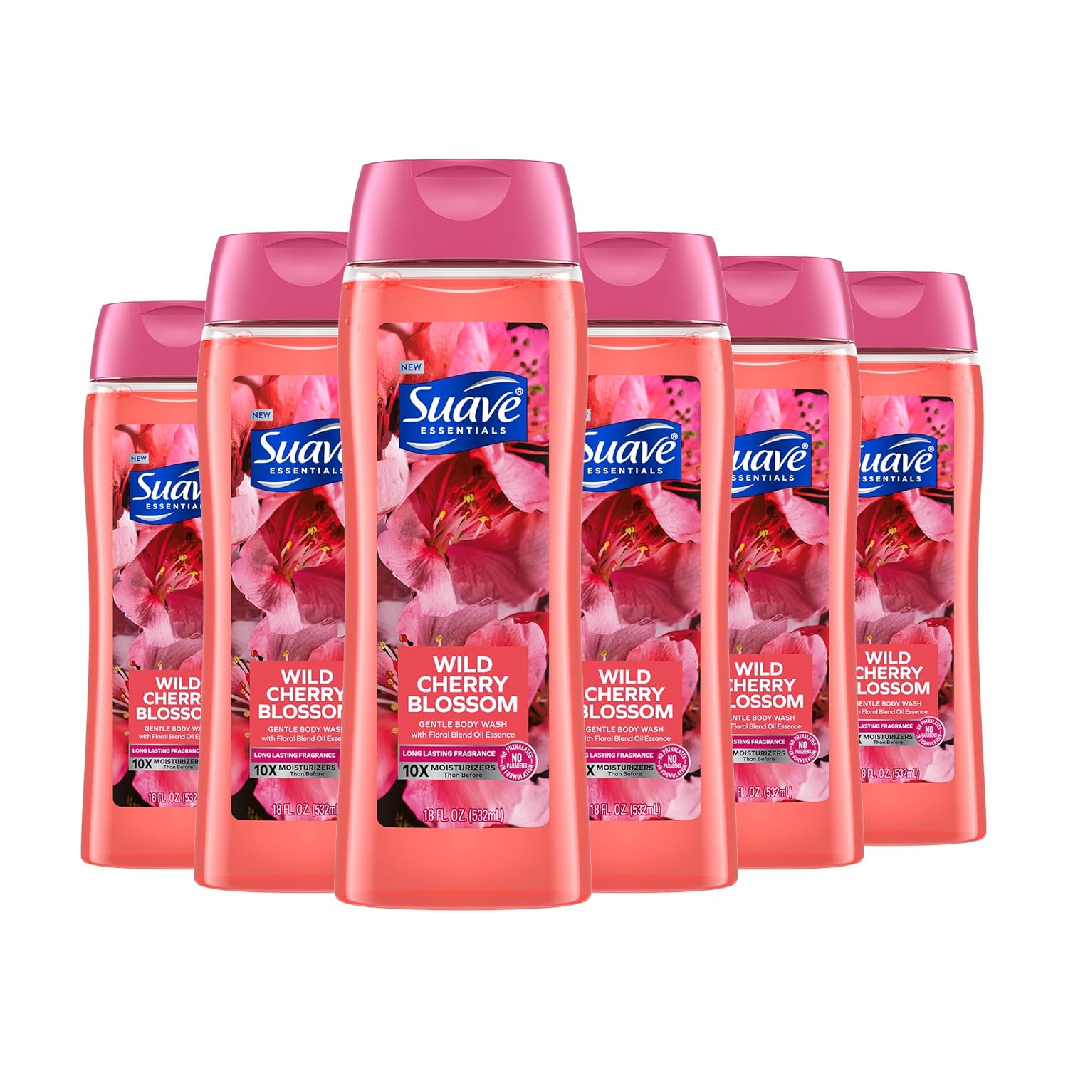 Suave Moisturizing Body Wash, with Wild Cherry Blossom and Vitamin E Extract, No Parabens, No Phtahaltes, 18 Oz Pack of 6