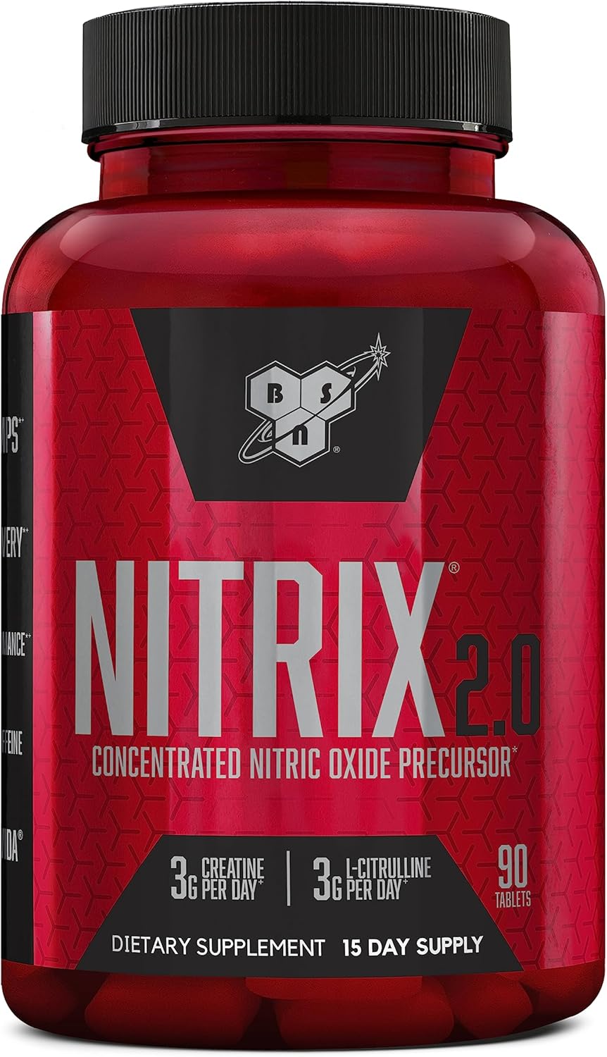 BSN NITRIX 2.0, Workout Supplement, Nitric Oxide Precursors, 3g Creatine, 3g L Citrulline, L-Citrulline, Supports Workout Performance, Pumps, Muscle Recovery and Endurance, 90 Tablets, 30 Servings