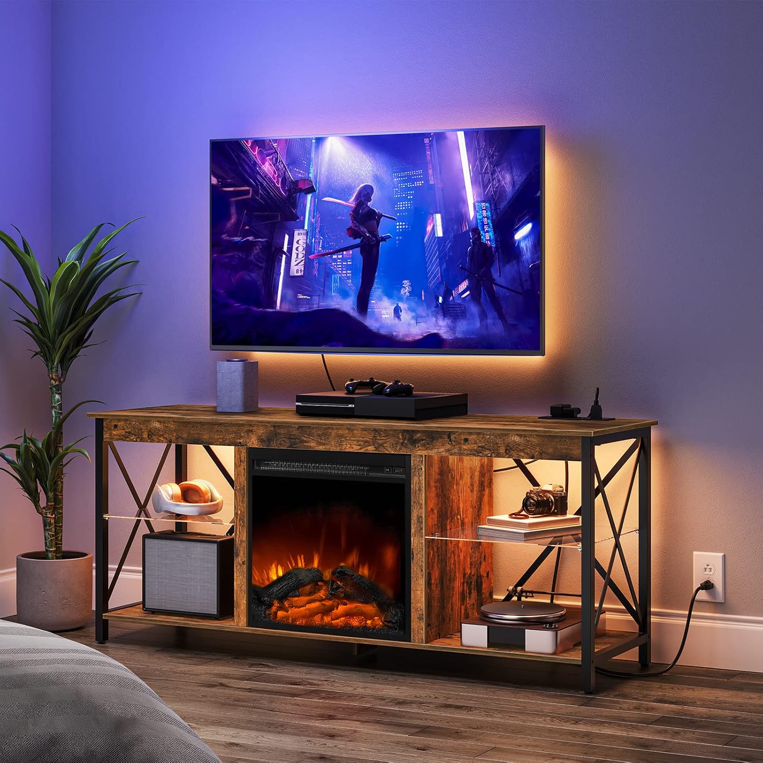 HOOBRO Fireplace TV Stand with Charging Station and LED Lights, TV Stand with Fireplace for TVs up to 65", Entertainment Center with Fireplace, Glass Shelves, Rustic Brown and Black BF140UDDS01