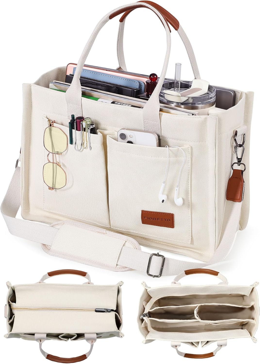 FIORETTO Canvas Tote Bag for Women with Zipper Closure & Individual Compartments for Work College for Teacher & Nurse