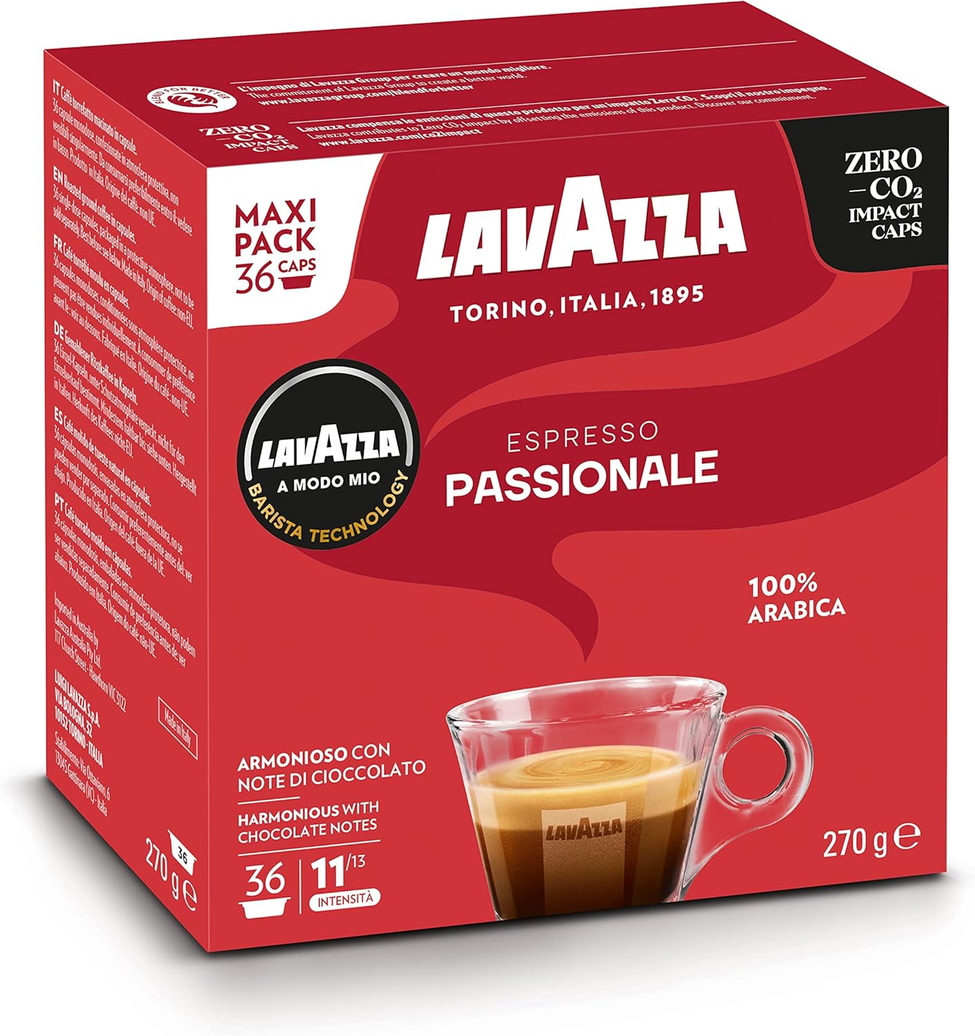Lavazza, A Modo Mio Espresso Passionale, 36 Coffee Capsules, with Aromatic Notes of Caramel and Chocolate, 100% Arabica, Intensity 11/13, Dark Roasting, 1 Pack of 36 Coffee Pods