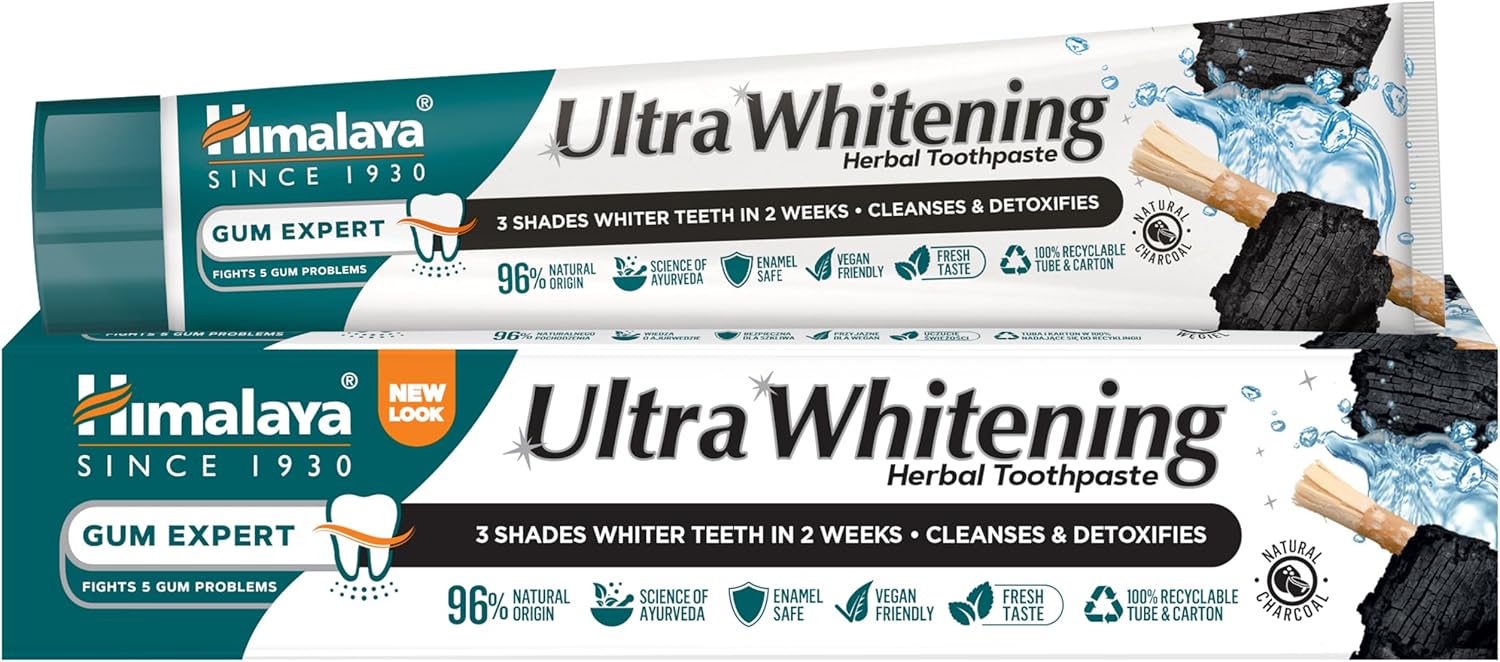 Himalaya Ultra Whitening Herbal Toothpaste 75ml | Whitens Teeth by 3 Shades in 2 Weeks | Coconut Charcoal & Black Seed Oil | Fluoride-Free, Enamel Safe, Vegan | Natural Ingredients & Eco-Friendly