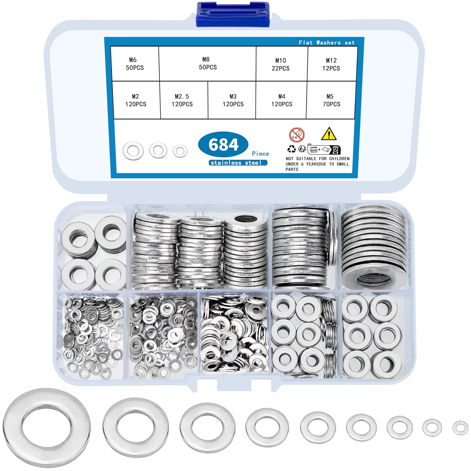wugongshan 684 Pcs Stainless Steel Flat Washers, 9 Sizes Metal Washers Hardware Assortment Set, M2 M2.5 M3 M4 M5 M6 M8 M10 for Home Automotive Shop Factories Repair Construction