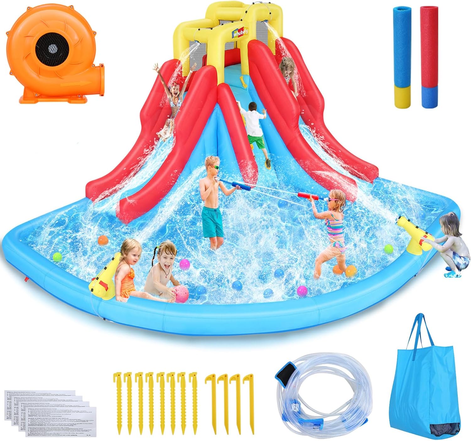 Whubefy Double Dip Inflatable Water Slide Park – 14.5 x 12.7 x 7.5 FT Heavy-Duty for Backyard Fun with Giant Splash Pool, 2 Slides, Climbing & 2 Water Cannon – 520W Blower & 2 Water Squirters Included