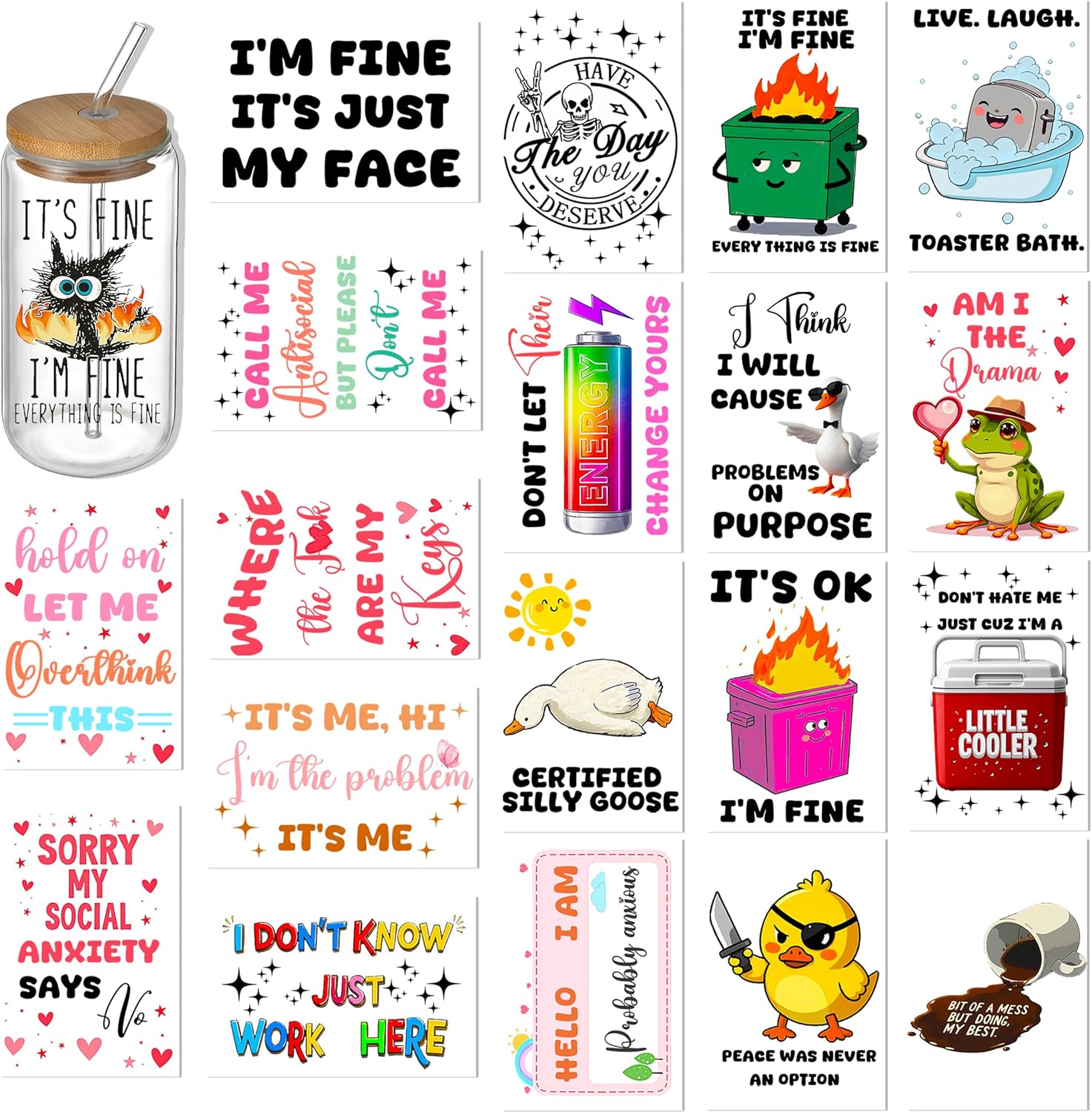 20 Sheets UV DTF Stickers - Funny Cold Transfer Wraps for DIY Crafts, Waterproof Rub On Decals for Cup, Mug, Water Bottle, Keychain, Laptop, Car, Notebook - Adult Humorous & Sarcastic Designs