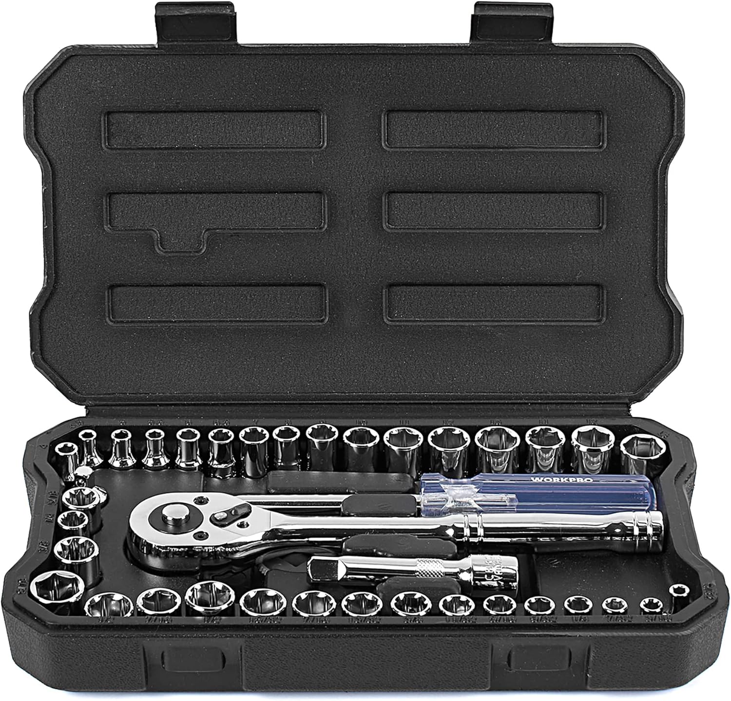WORKPRO 39-Piece Drive Socket Set 1/4''3/8'', CR-V Metric and Imperial Sockets with Quick-Release Ratchet Wrench, Compact Sockets Set for Car Repair