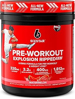 Six Star Pre-Workout Explosion Ripped 2.0 Watermelon - Endurance Powder with Caffeine, Beta-Alanine, Lactic Acid Buffer, Electrolyte Recovery, C. canephora Robusta for Weight Loss - 30 Servings