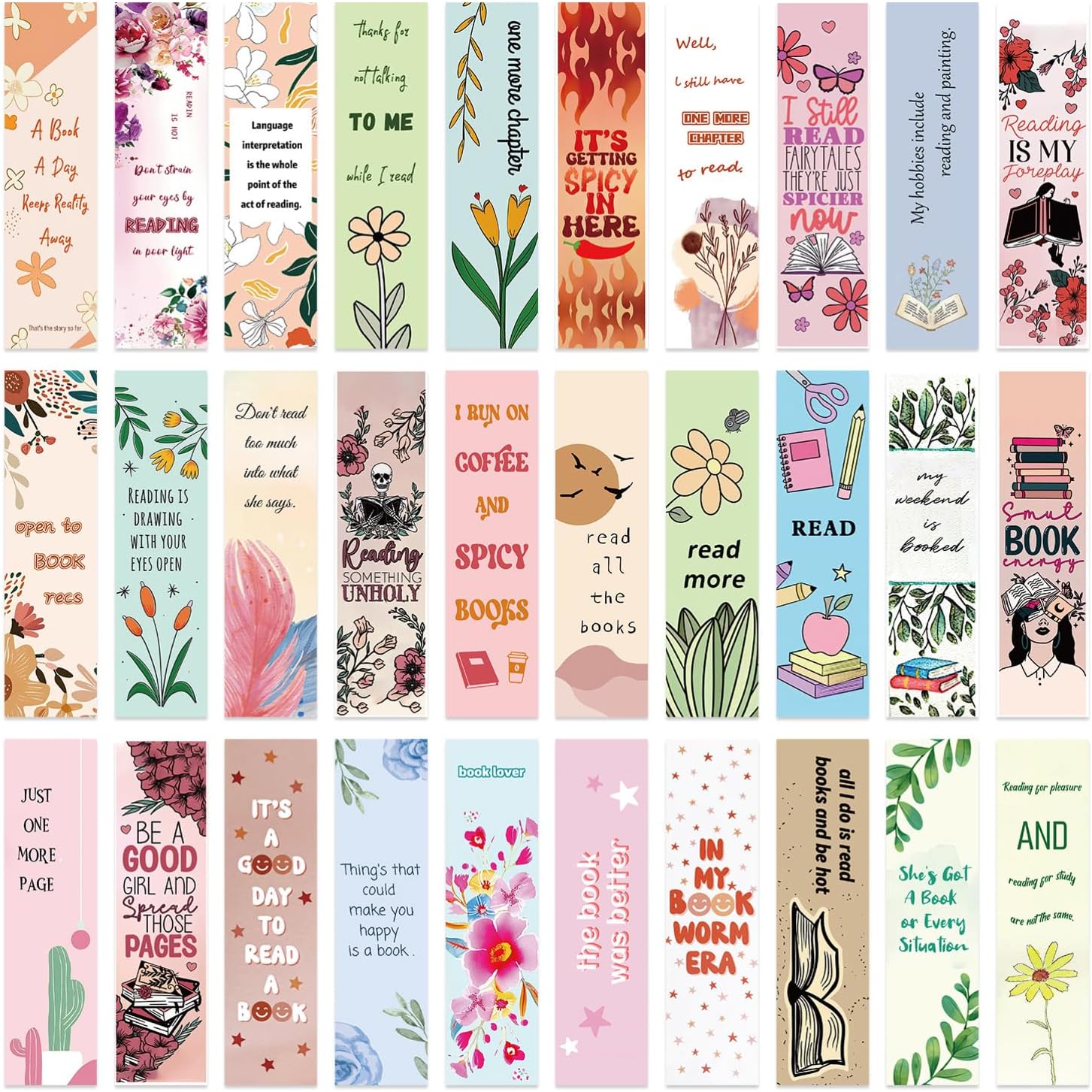 30 pcs Book Lover Paper Bookmarks Multipack Cardboard Book Mark for Physical Book, Positive Illustration Aesthetic Bookmark, Flower Dark Romance