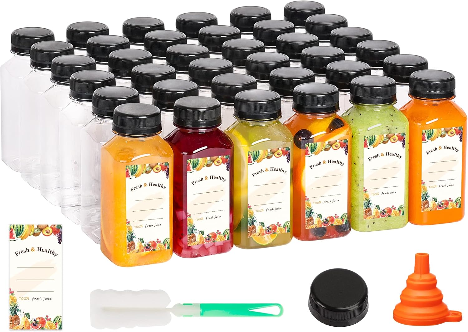Moretoes 50pcs 8oz Juice Bottles, Plastic Bottles with Caps, Bulk Clear Beverage Containers for Juicing Drinking Milkshake Tea and Other Beverages