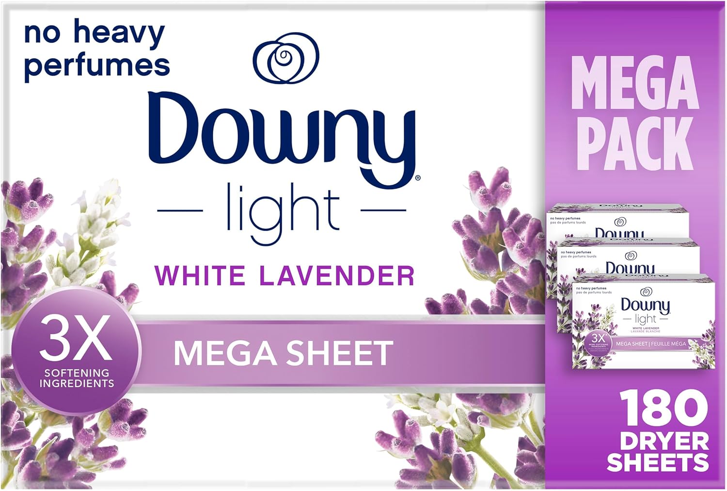 Downy Light Mega Dryer Sheets, Fabric Softener Dryer Sheets, White Lavender, 180 Count
