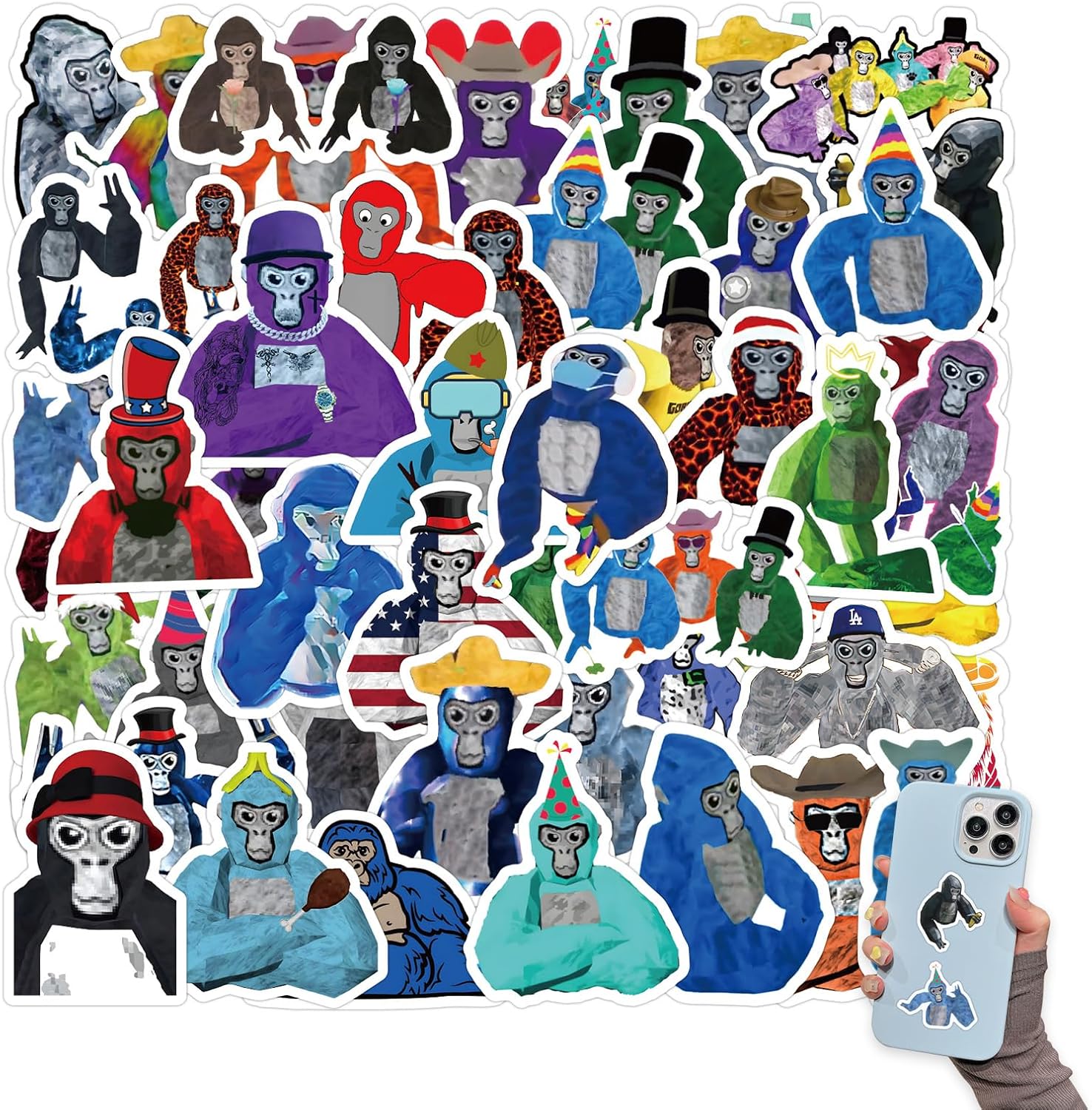 60pcs Gorilla Stickers for Kids, Multicolored Gorilla Stickers Funny Waterproof Vinyl Sticker Cartoon Chimpanzee Decals Sticker for eens Boys Girls Laptop Water Bottle Phone Flasks Luggage Scrapbook