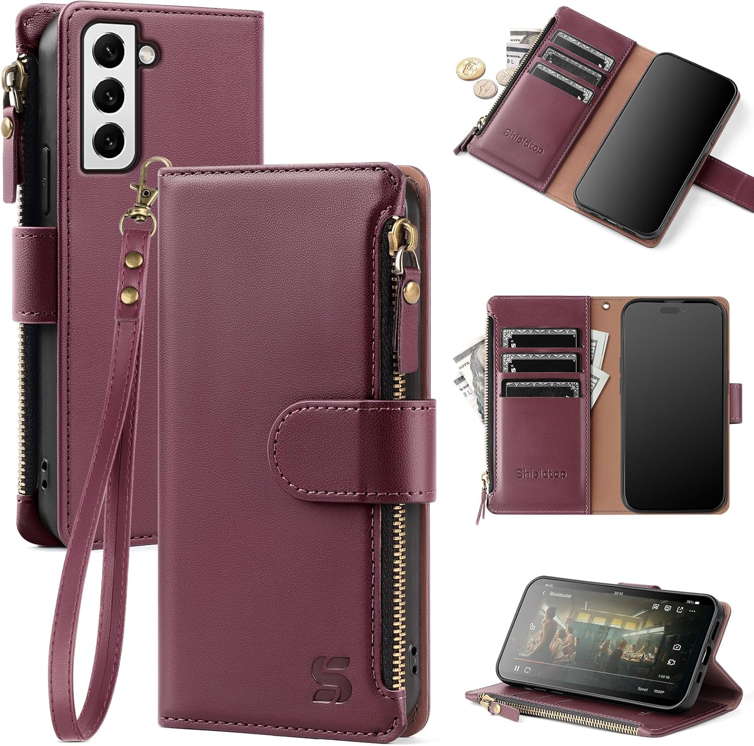 for Samsung Galaxy S22 Wallet Case with Card Holder,Women Men RFID Blocking PU Leather Flip Cover Wrist Strap Zipper Credit Card Slots,Phone Case for Galaxy S22 6.1",Wine Red