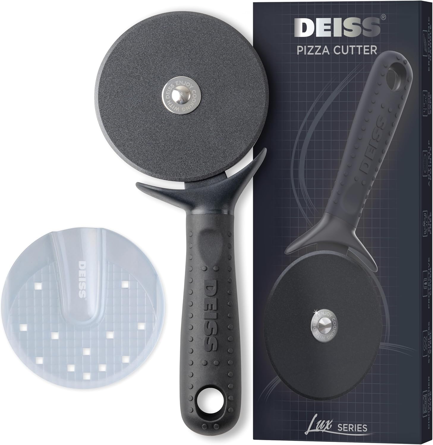 Deiss Lux Heavy Duty Pizza Cutter With Wheel Slicer- Stainless Steel Sharp Smooth Pizza Cutter Wheel With Easy Grip Non-Slip Handle, Dishwasher Safe (BLACK)