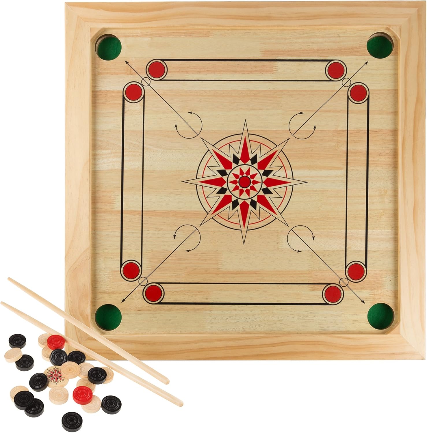 Hey! Play! Carrom Board Game - Wooden Strike and Pocket Game Set with Group of Black and Beige Coins, 2 Red Queen Coins, Striker Coin, and Cue Sticks, Brown