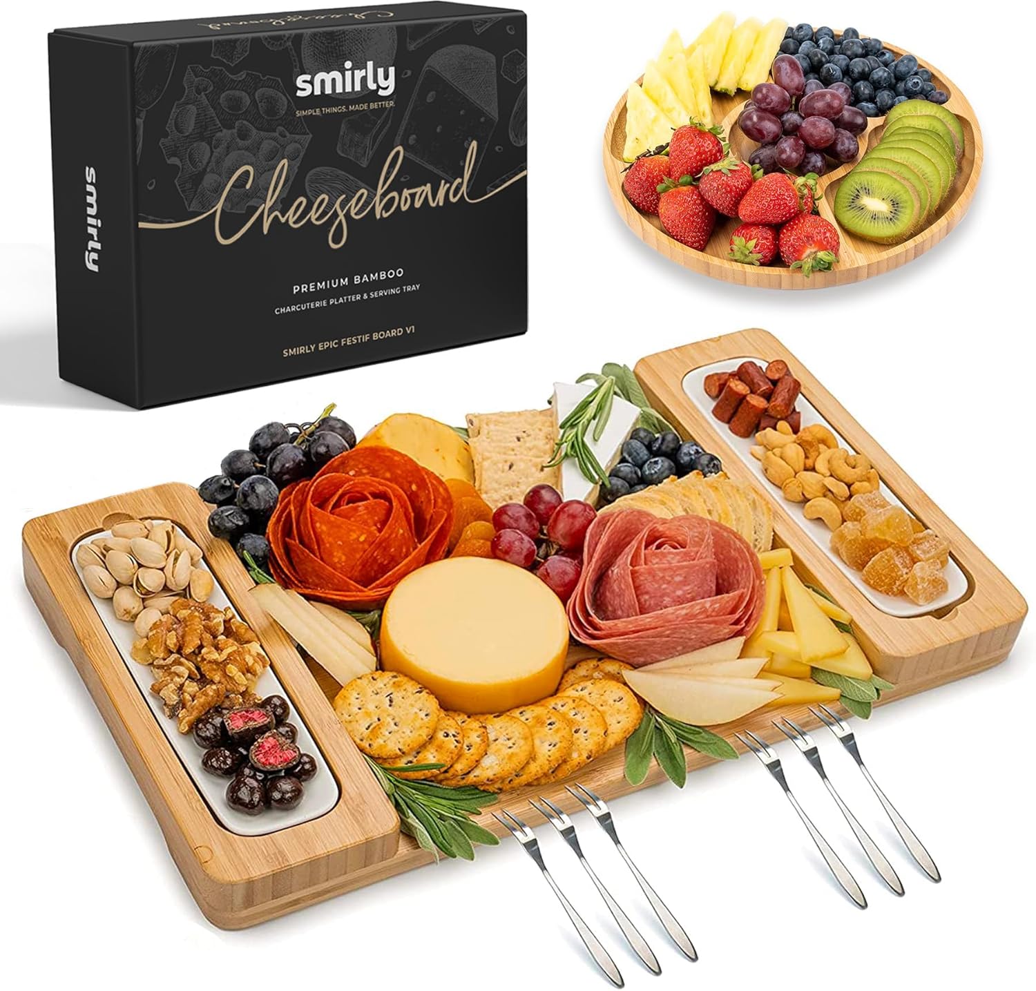 SMIRLY Charcuterie Boards Set - Large Bamboo Cheese Board set - House Warming Gifts New Home, Wedding Gift for Couple, Bridal Shower Gift, Birthday Gifts for Women