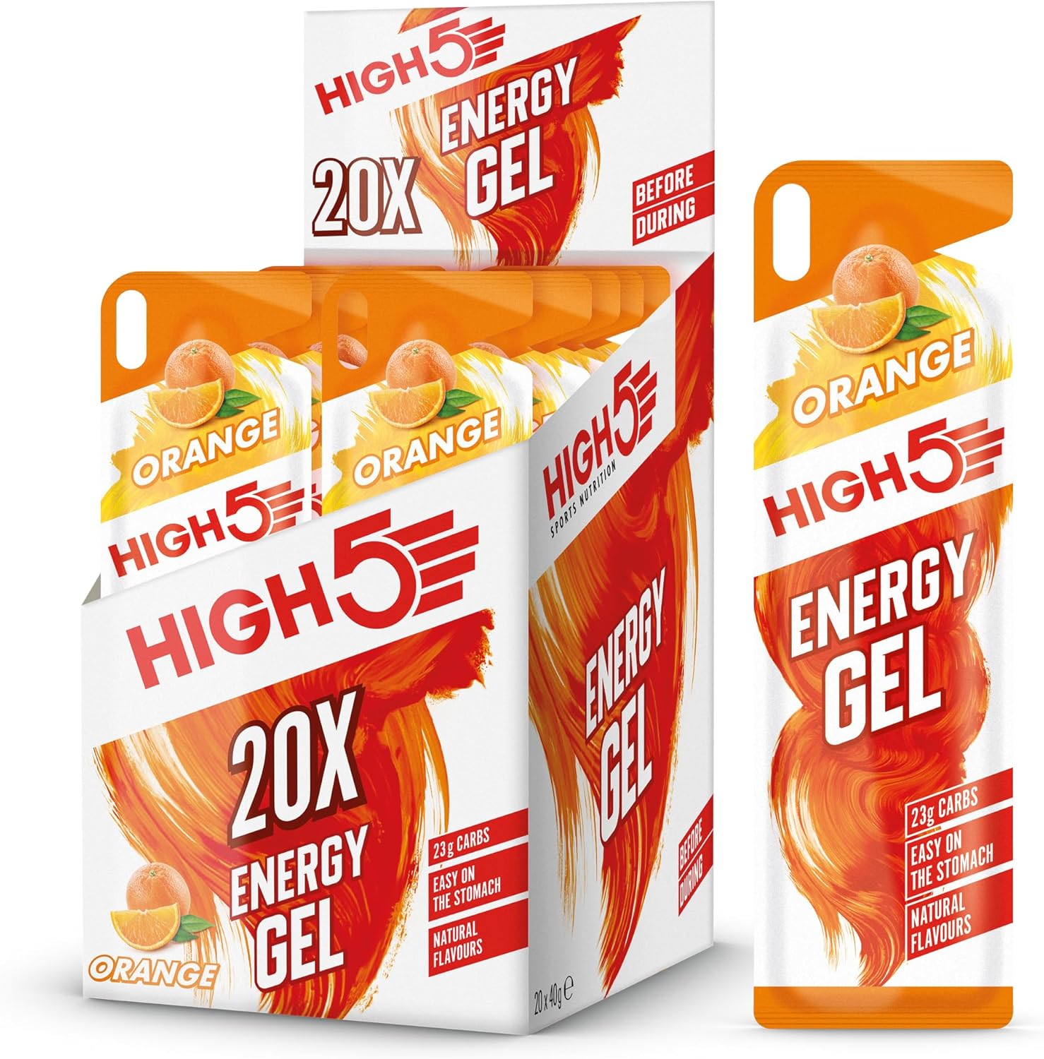 HIGH5 Running Gels Energy - Running Essentials for Quick Release Energy - Natural Fruit Juice & Caffeine-Free - Ideal as Running Equipment, Cycling Supplements, Marathon Training (Orange, 20 x 40g)
