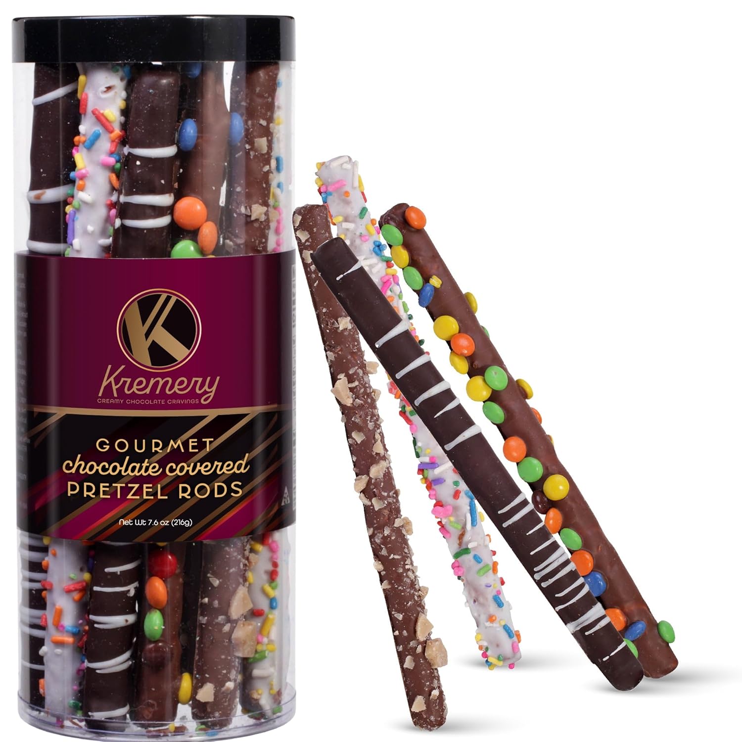KREMERY Creamy Chocolate Cravings - Chocolate Covered Pretzel Rods Gift Basket, in Clear Tube (8 Pretzels, Assorted Sweet Toppings) Birthday Care Package - Kosher Dairy, USA Made