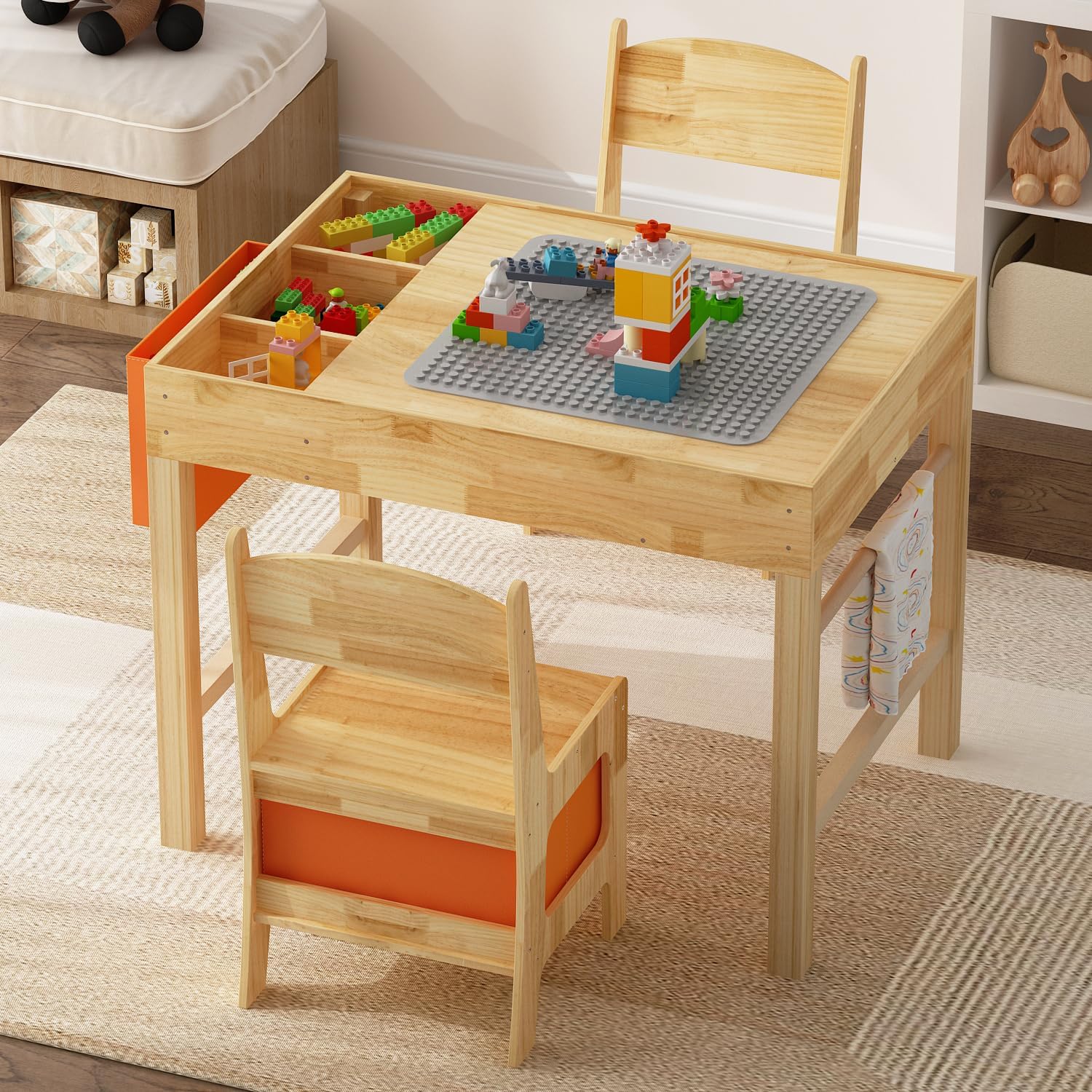 Solid Wood Kids Table and Chair Set with Removable Tabletop, Toddler Construction Train Table with 2 Chairs & Storage Drawers, Activity Craft Play Desk for Drawing Reading in Nursery Playroom