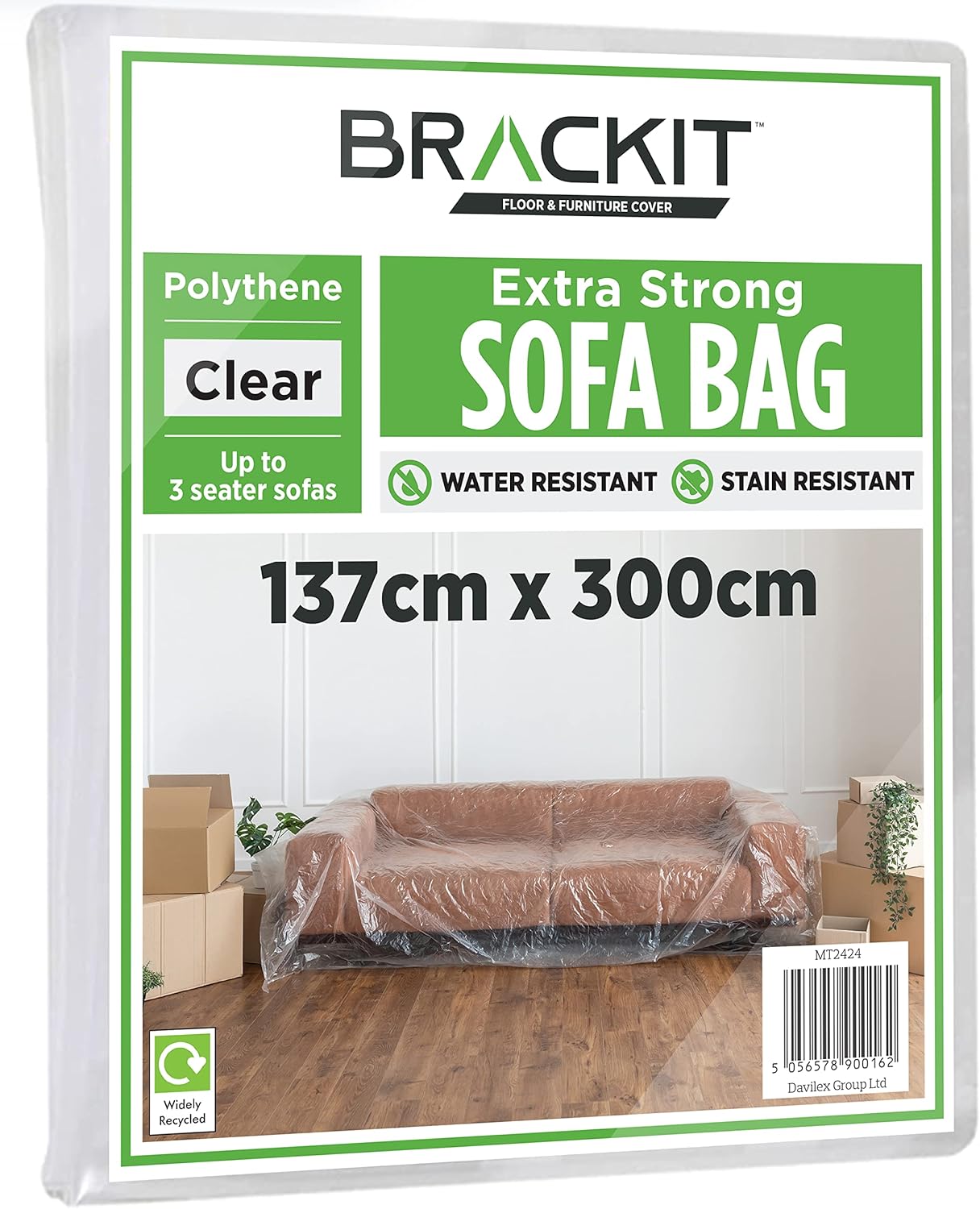 Brackit Sofa Storage Bag – Plastic Sofa Cover - Heavy Duty - For up to a 3-Seater Sofa – 300cm x 137cm – Sofa Protector Cover, Transparent/Green
