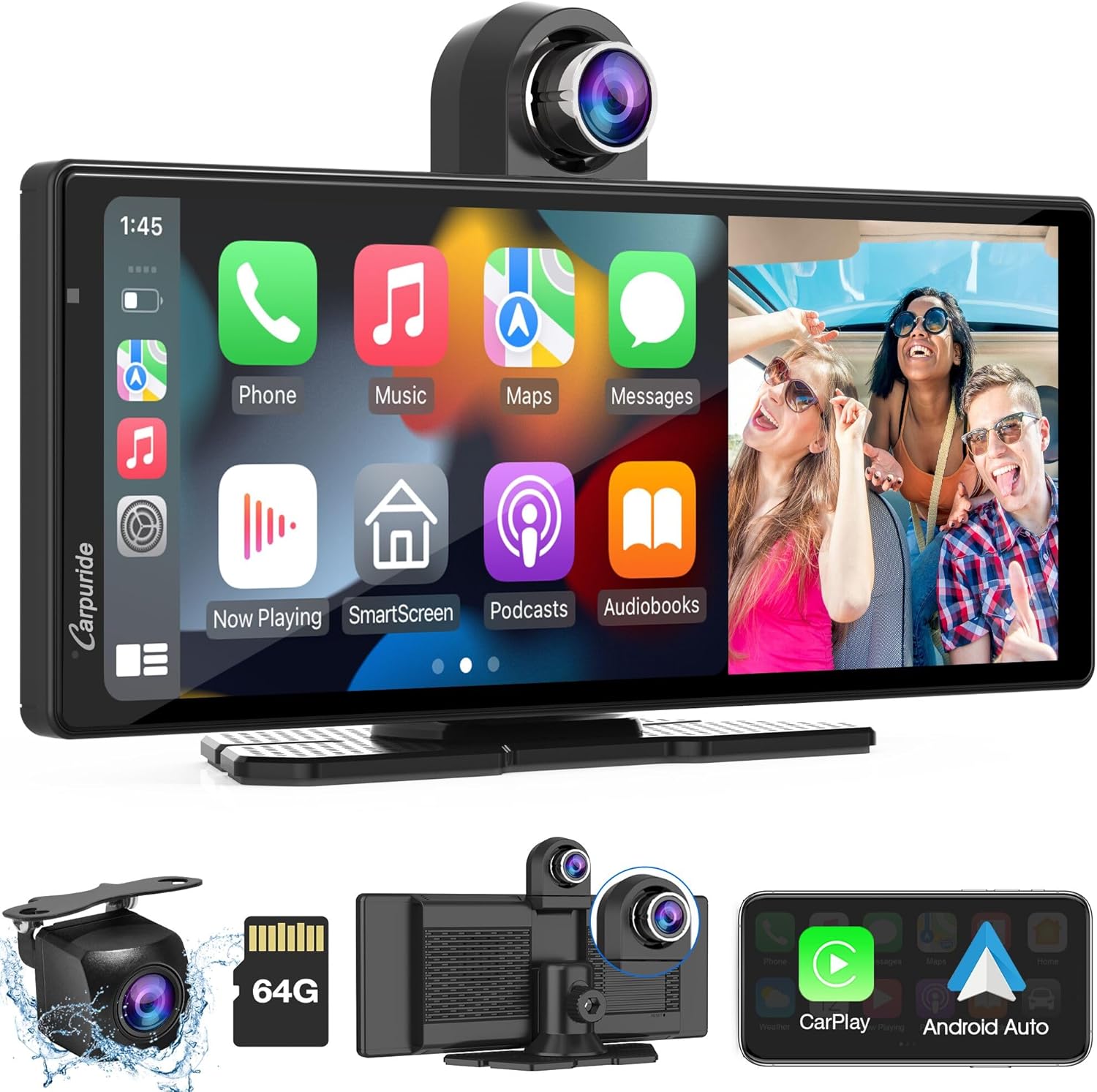 Carpuride W903 Portable Wireless Carplay & Android Auto with Dash Cam - 9.3" HD IPS Screen, 4K Front & Backup Camera, Loop Recording, Bluetooth, Mirror Link, GPS, Siri, Dashboard Mounted
