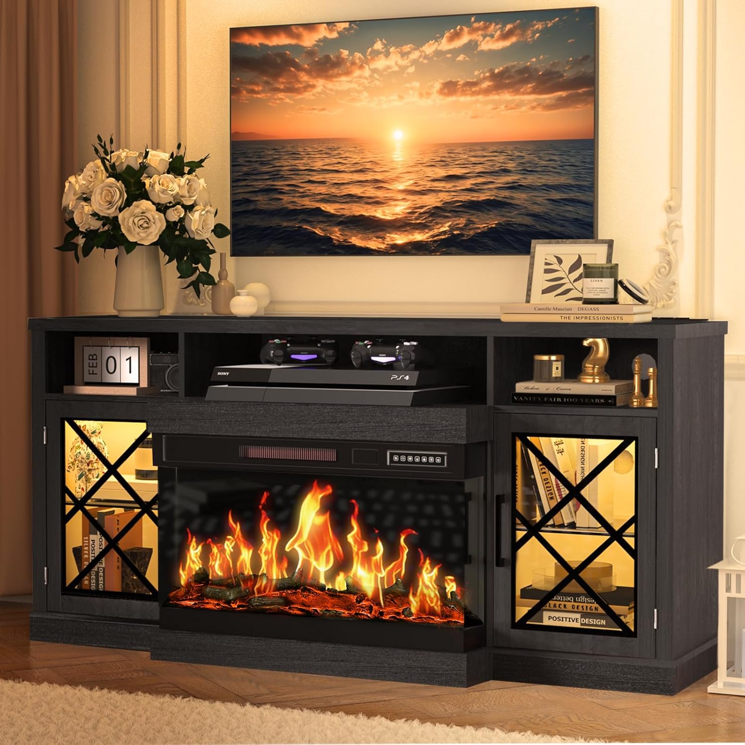 BREEZEHEAT 65" 3-Sided Electric Fireplace TV Stand for TVs up to 75", Glass Fireplace Entertainment Center with 30" LED Fireplace, Media Console w/Storage Cabinet & Glass Doors (Black)