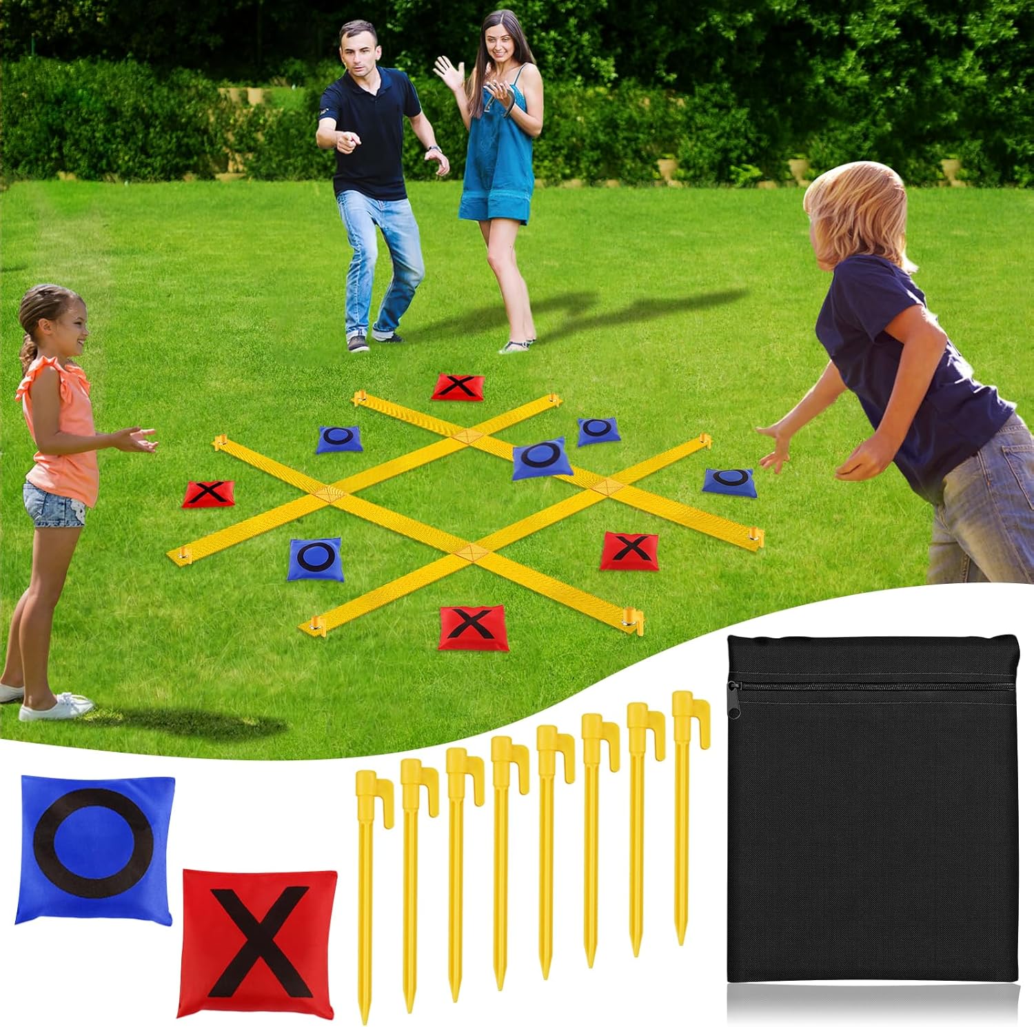 Giant Tic Tac Toe Strap Game Outdoor, 4 Ft X 4 Ft Portable Tic Tac Toe Bean Bag Toss Game, Large Yard Toss Game Tic Tac Toss Across Camping Games for Kids & Families