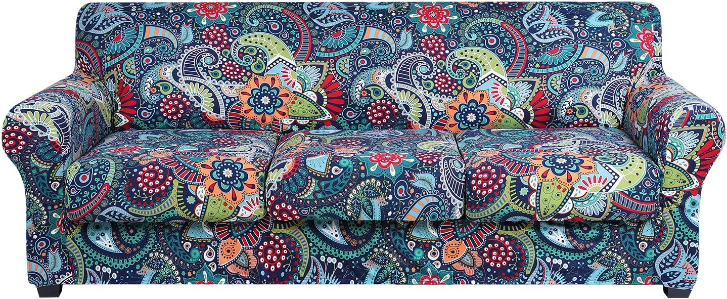 hyha Couch Cover, Floral Pattern, Stretch, Printed, 4 Pieces, Sofa Slipcovers, for 3 Separate Cushion Couch, Washable Furniture Protector for Dogs(Paisley Floral)