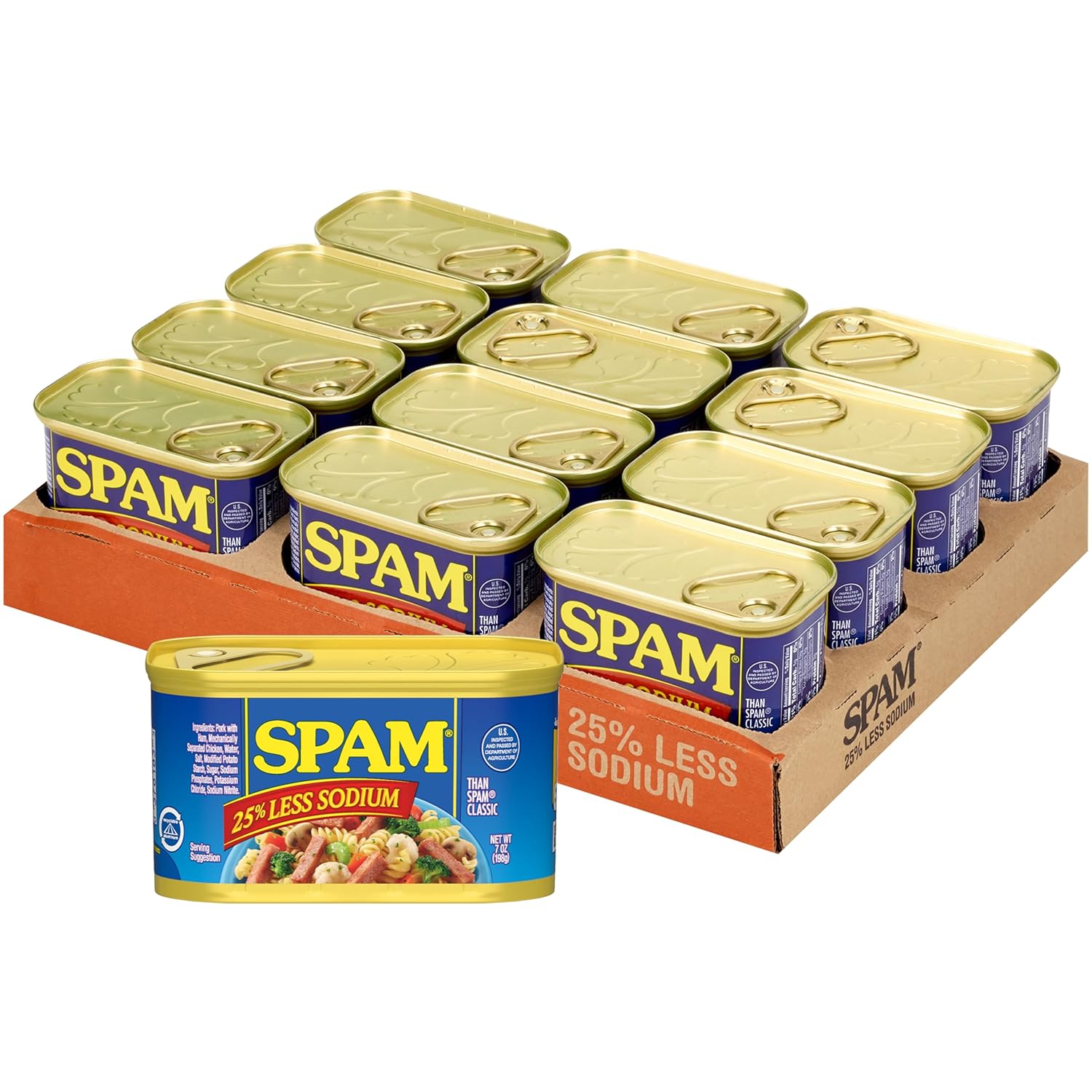 SPAM 25% Less Sodium, 7 oz Cans (Pack of 12) – Fully Cooked, Shelf-Stable, 7g Protein per Serving, Gluten-Free