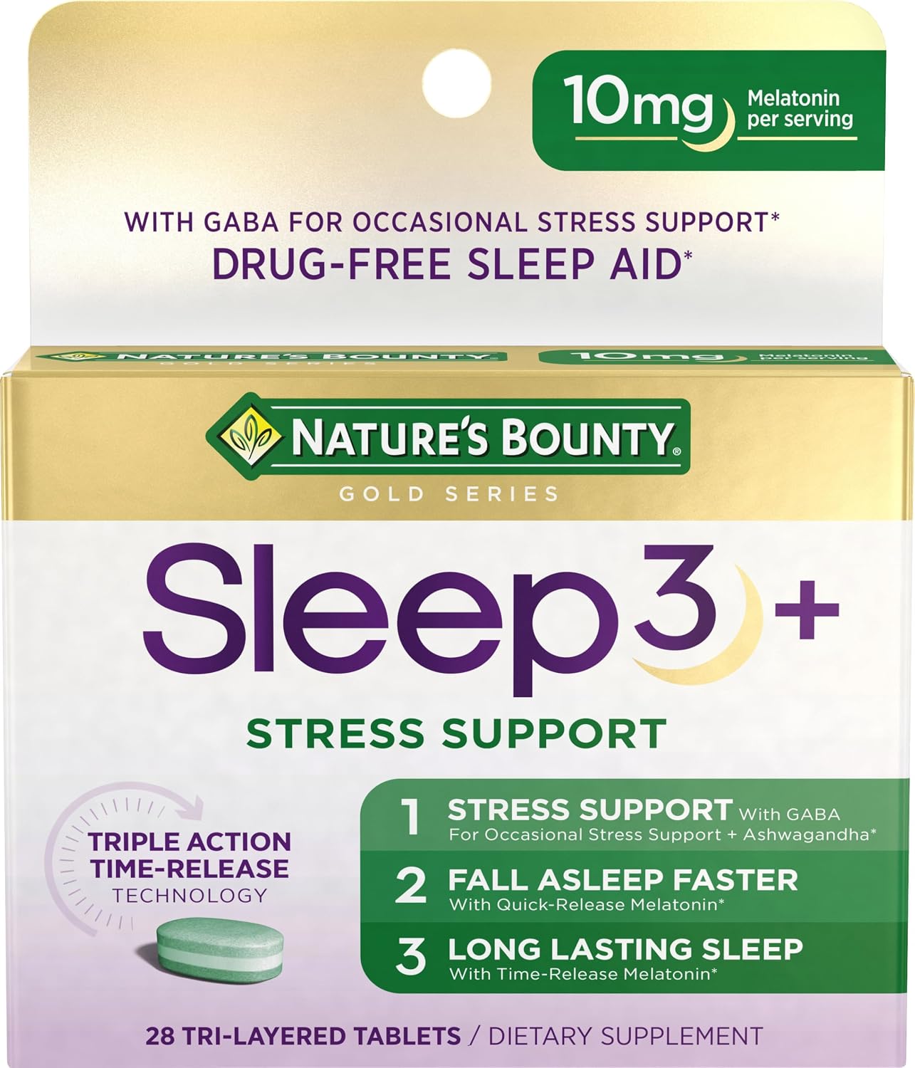 Nature's Bounty Stress Support Plus Melatonin, Sleep3 Maximum Strength 100% Drug Free Sleep Aid, Dietary Supplement with Ashwagandha, Time Release Technology, 10mg, 56 Tri-Layered Tablets