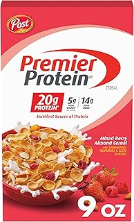 Post Premier Protein Mixed Berry Almond Cereal, Protein Cereal Flakes Mixed with Dried Berries and Sliced Almonds, Contains 20g of Protein Per Serving, 9 OZ Box
