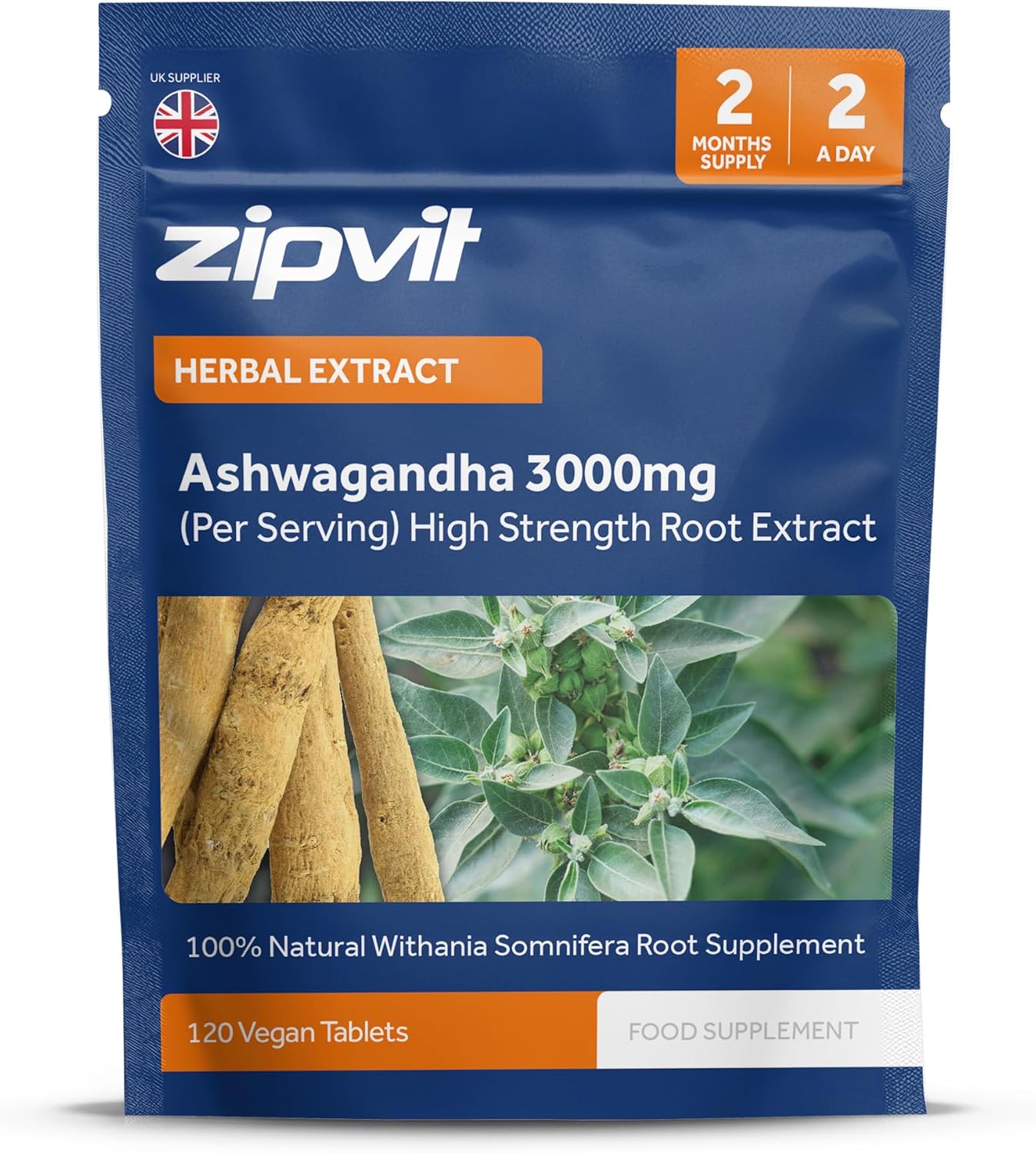 Zipvit Ashwagandha 3000mg Root Extract, High Strength Herbal Supplement, 120 Vegan Tablets for Popular for Stress Relief, 2 Month Supply