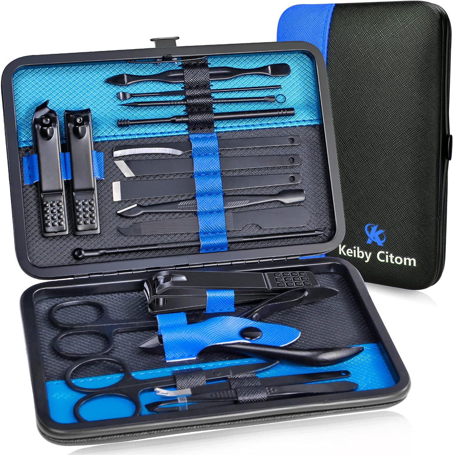 Manicure Set Nail Set Nail Clipper Kit Professional - Stainless Steel Pedicure Set Nail Grooming Kit of 18pcs with Case for Travel (Black/Blue)