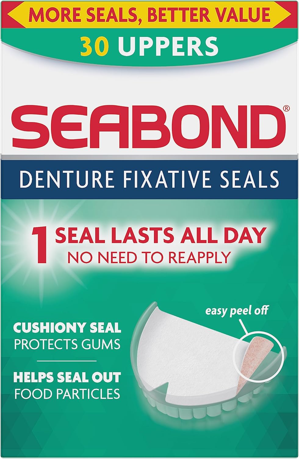 Seabond Denture Fixative Seals, Soft Adhesive Cushion, Last All Day, Protect Gums & Help Seal Out Food Particles, 30 Uppers
