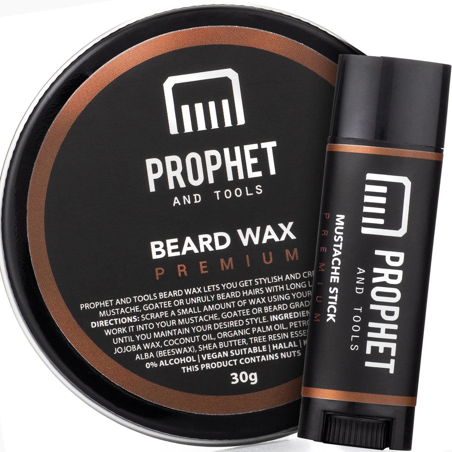 Prophet and Tools Extra Strong Hold Beard & Hair Wax - 24hr Long-Lasting Hold, Shapes & Styles with Ease, Washes Out Easily - Includes Moustache Styling Stick