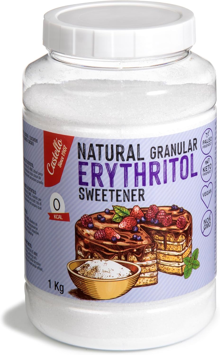 Castello since 1907 Natural Erythritol Sweetener - Granulated | 10g = 7g of sugar | Sugar Substitute - Keto and Paleo - 0 Glycemic - 0 Calories - 0 Net Carbs - Made by corn 100% Non-GMO - 1 kg