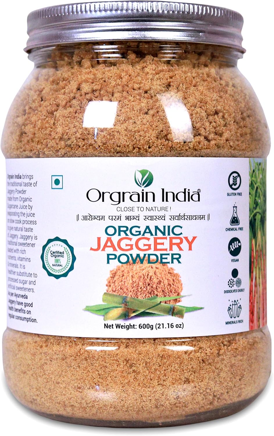 Orgrain India Organic Jaggery Powder 21.16 Oz | Hand Crushed Gur Powder | Organically Grown | No Preservatives Added | No Artificial Flavors