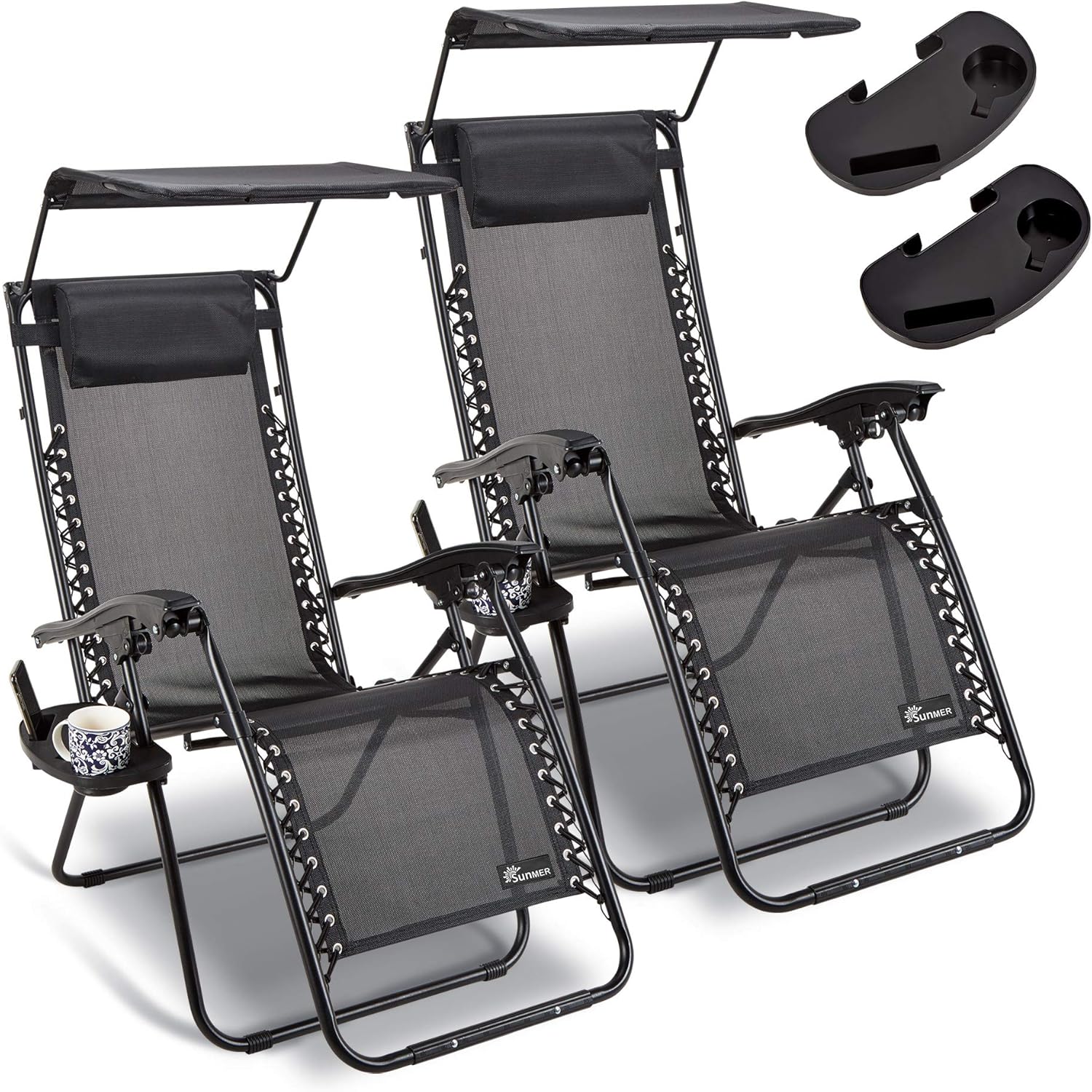 SUNMER Set of 2 Sun Lounger Garden Chairs With Canopy and Cup Holder | Adjustable Headrest Pillow | Deck Folding Recliner Zero Gravity Outdoor Chair – Black