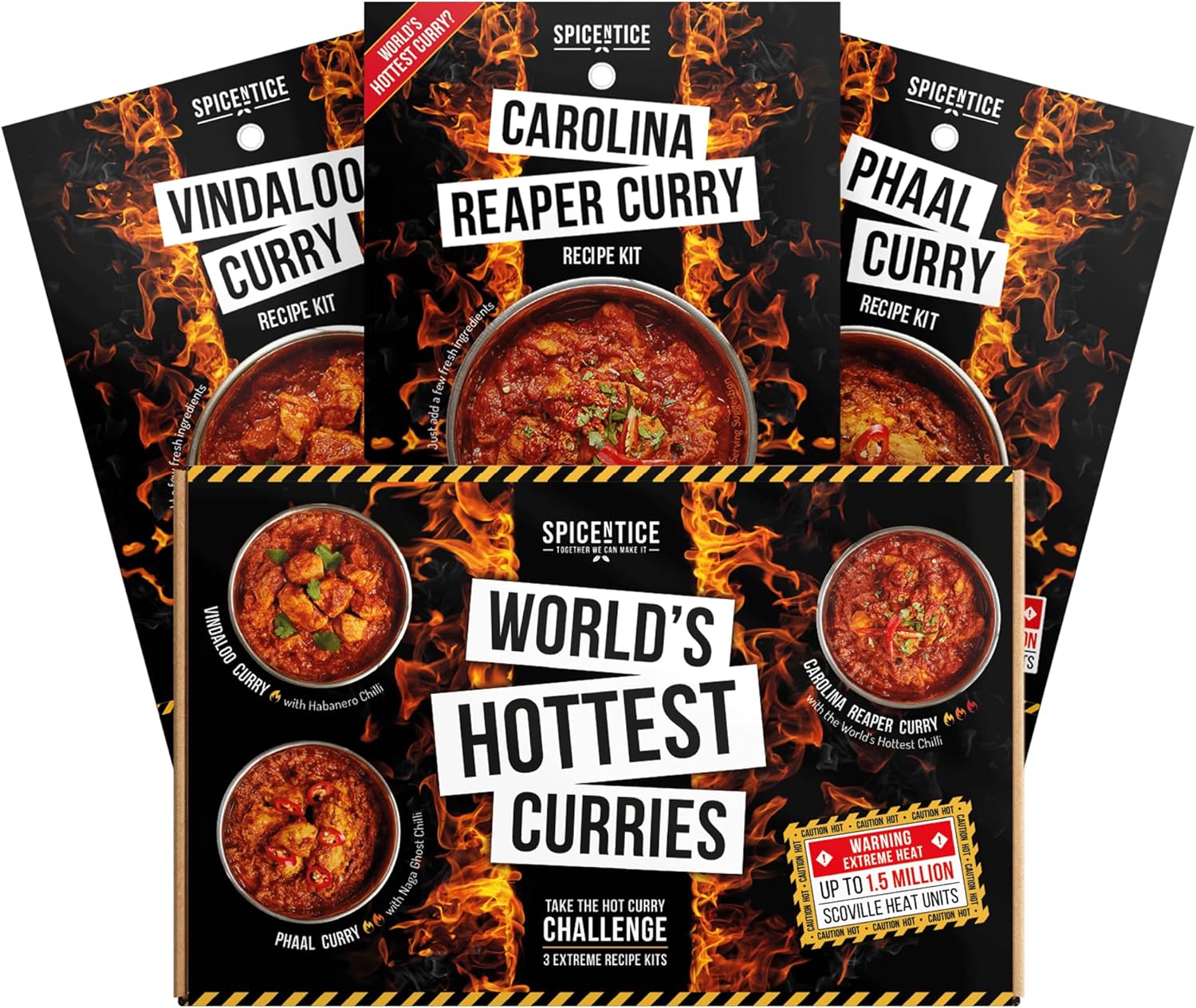 SPICENTICE World's Hottest Curry Recipe Kit Gift Set - Carolina Reaper, Naga Ghost Chilli Phaal, Fiery Habanero Vindaloo - Easy-to-Make, Vegan-Friendly Curry Gift for Chilli Lovers