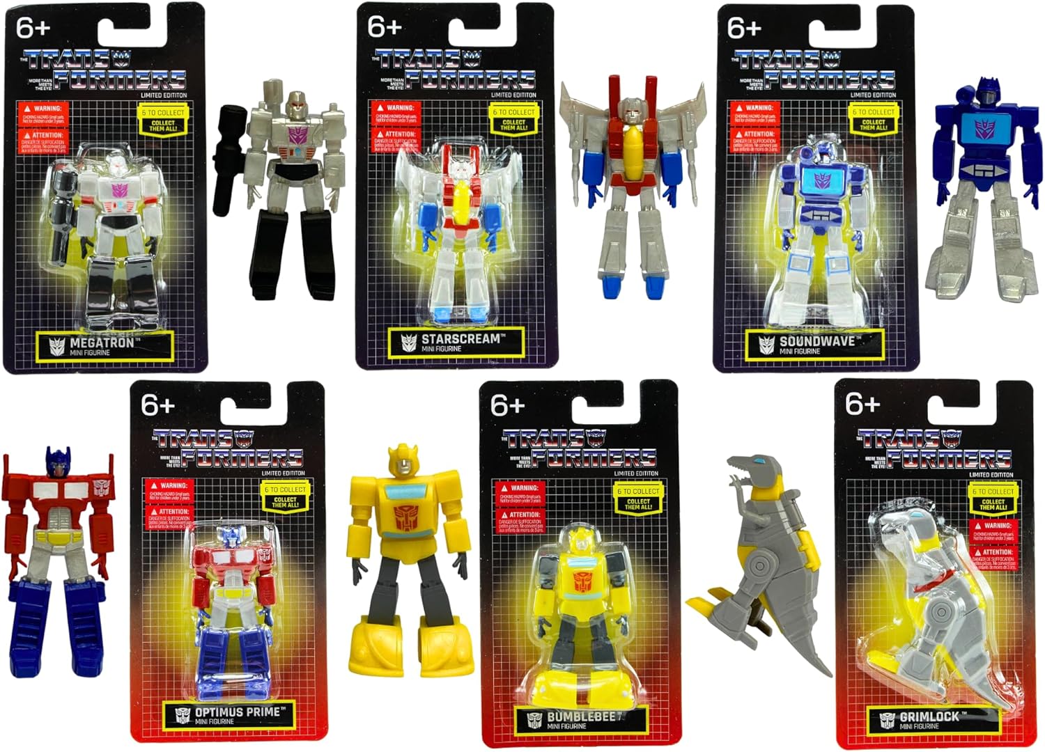 Toptoys2u Bargain Bundles Transformers Limited Edition Age 6+ 6.5cm Collectible Miniature Action Figure Toys - Set of All 6 - Megatron, Starscream, Soundwave, Optimus Prime, Bumblebee, & Grimlock