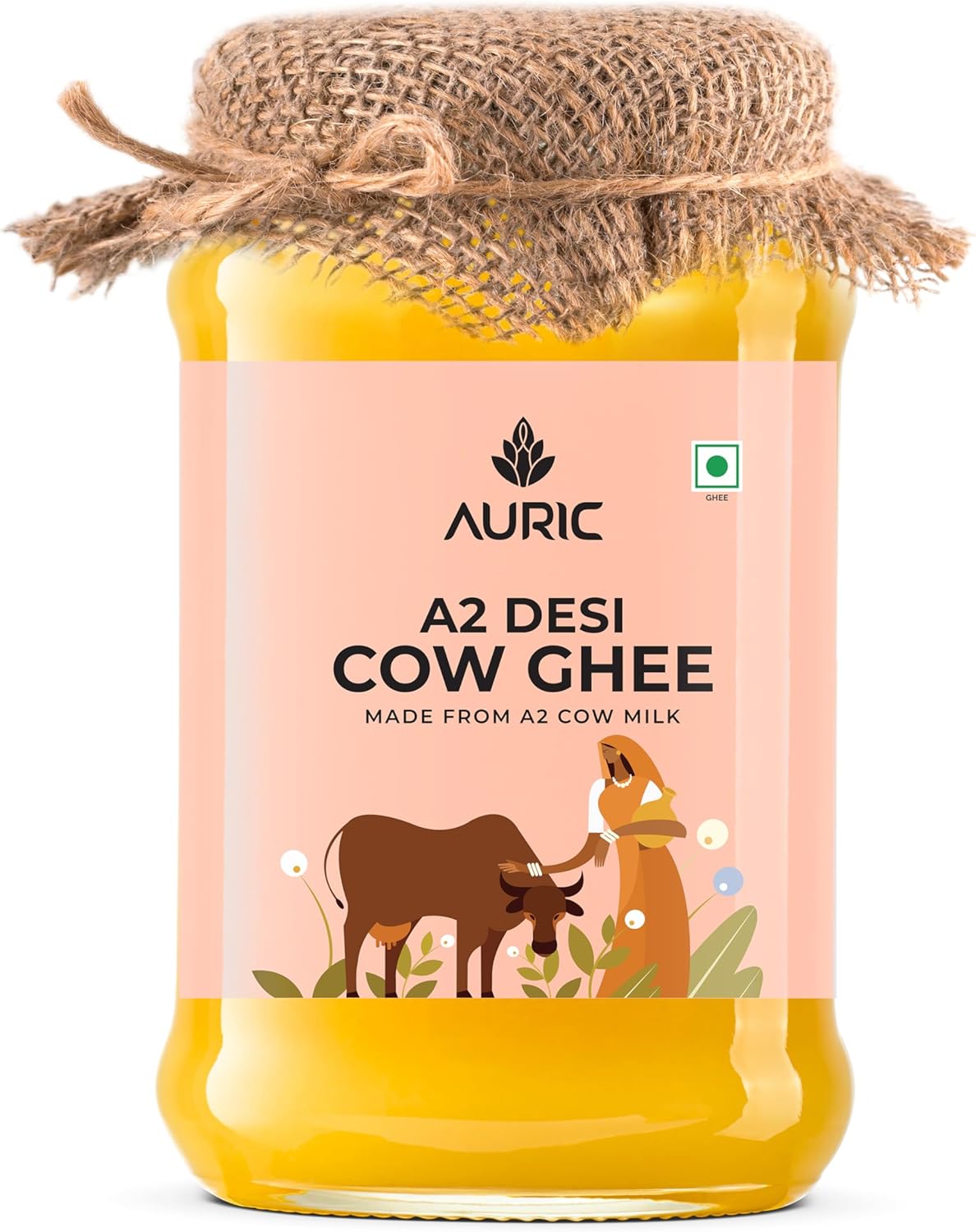 Auric A2 Bilona Desi Cow Ghee 1 liter- Vedic Bilona Method -Traditional Curd Churned -Lab Tested - Danedar Ghee -Grass Fed Cow -Glass Jar