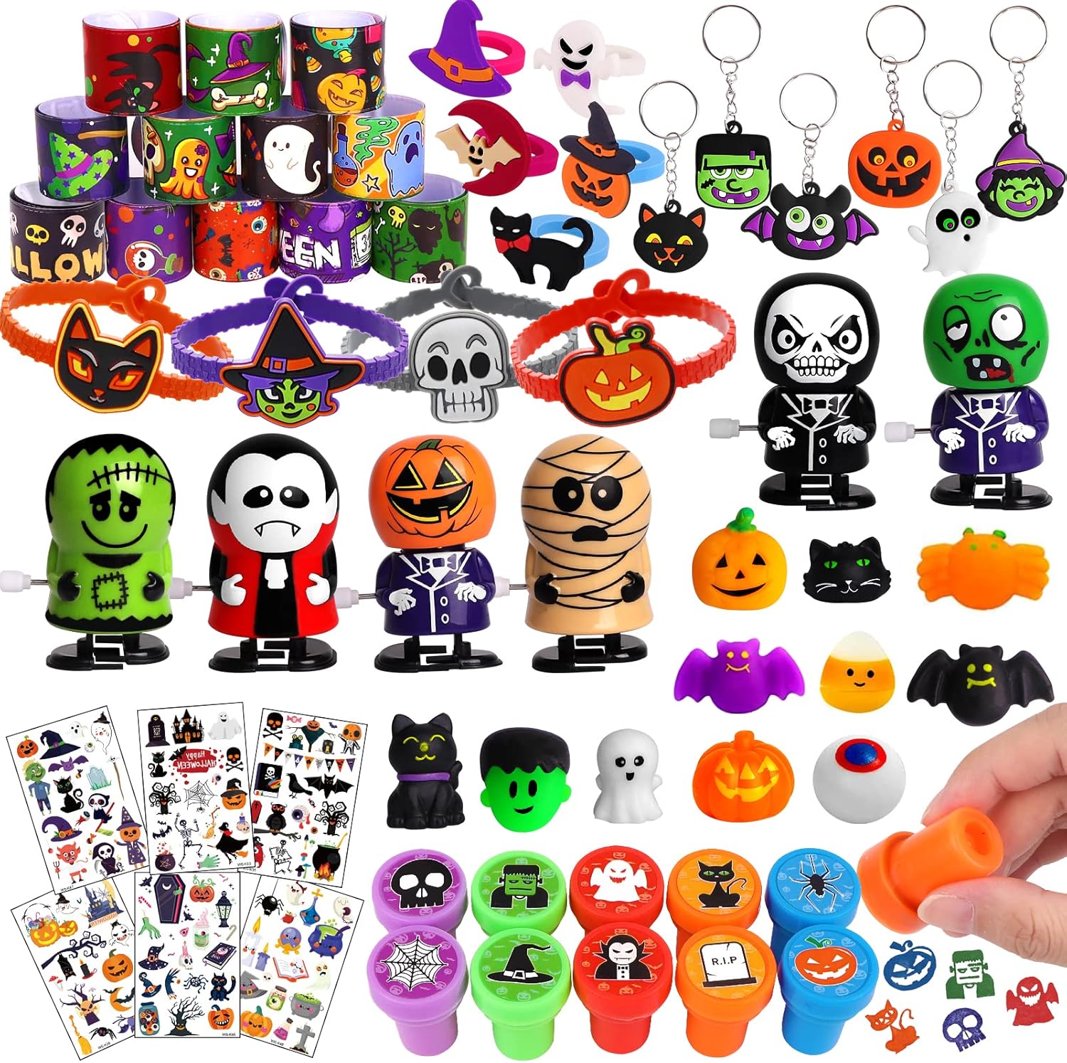 DTYDECLE 59pcs Halloween Party Favors for Kids, Halloween Goodies Bag Fillers Slap Bracelet Stamps Stickers Wind Up Novelties Toys Trick or Treat Classroom Rewards for halloween Party Bag Fillers
