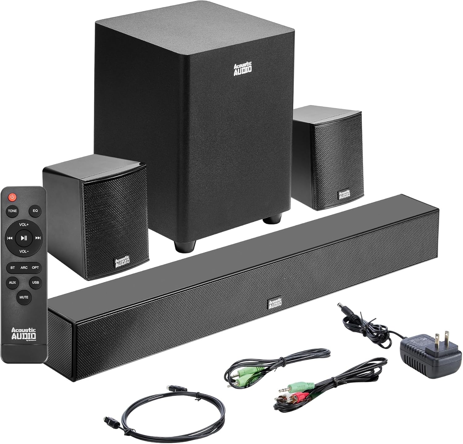 Acoustic Audio 5.1 Surround Sound Home Theater Sound Bar with Bluetooth, RCA, Optical, ARC, AUX, Wireless Subwoofer and Remote Control - AA5190 (Black)
