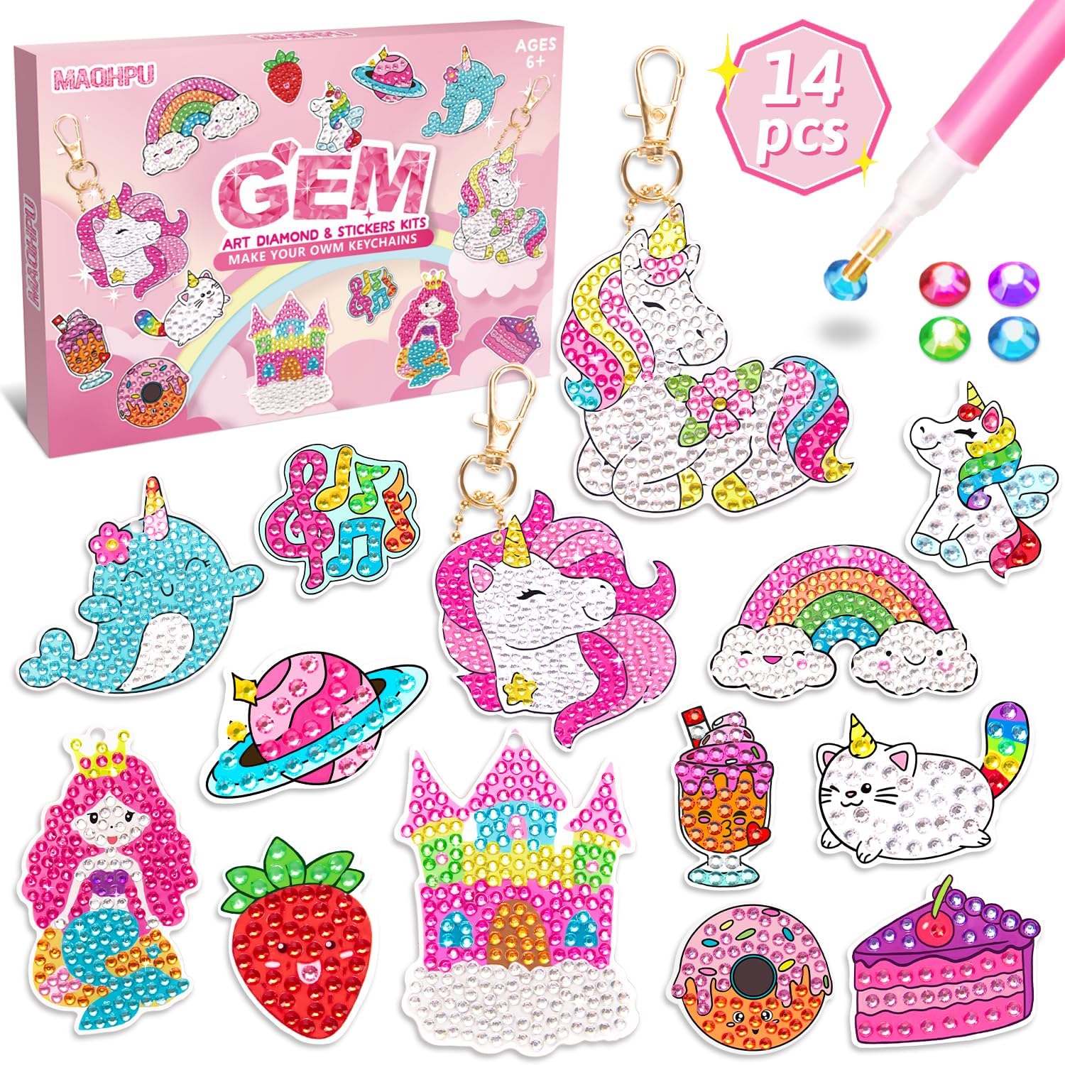 Maqhpu Arts and Crafts for Kids, Diamond Painting Art Kits, Gifts for Teenage Girls Toys Age 5 6 7 8 9 10, 14 PCS Diamond Painting Kits, Girls Birthday Presents, Gifts for 4-12 Year Old Girls