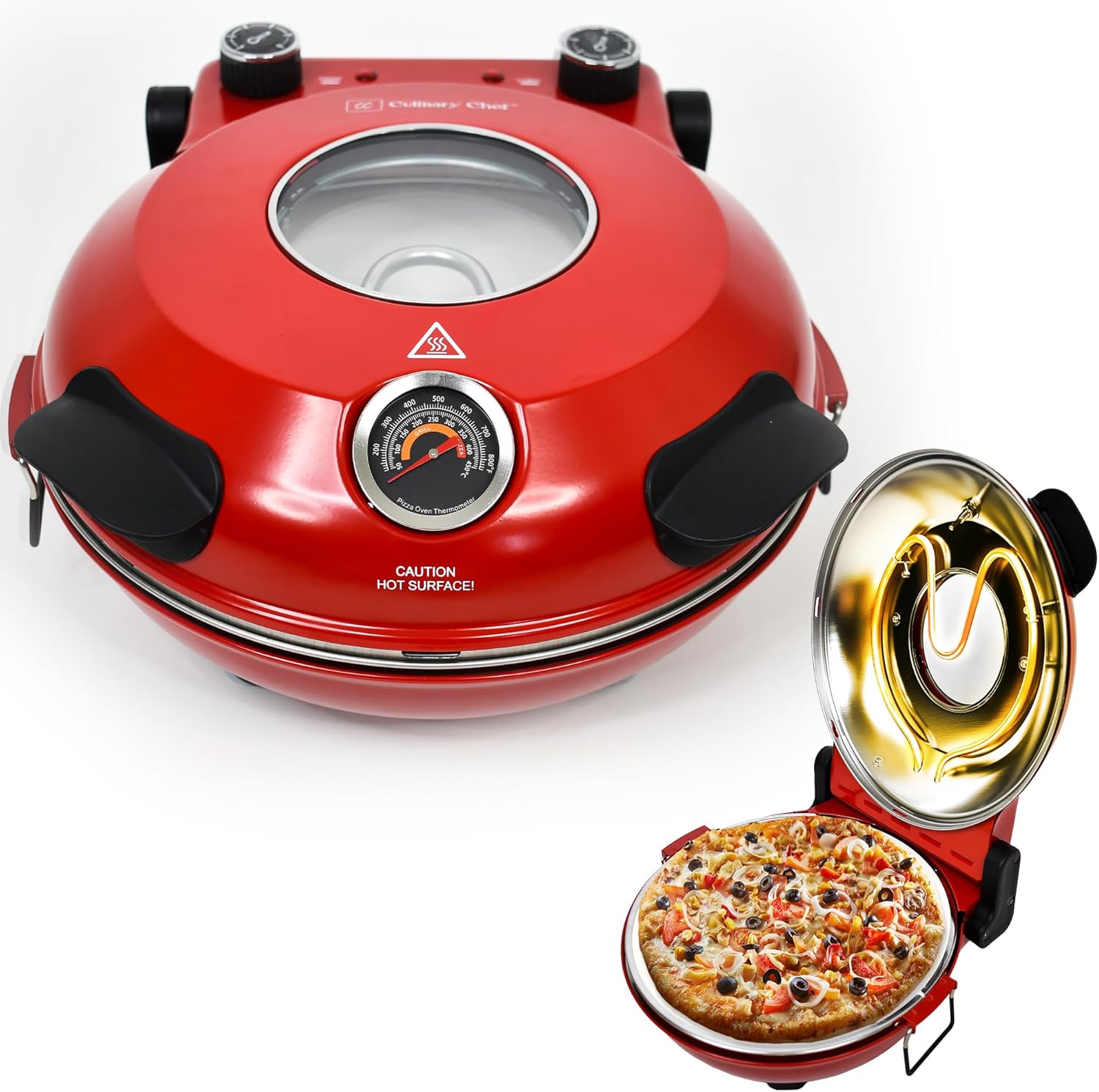 Electric Pizza Oven with Ceramic Stone, Viewing Window, Adjustable Heat Control, Timer and 1200W Baking Power, DIY Homemade Pizzeria, Large 12” Pie Capacity (Red)